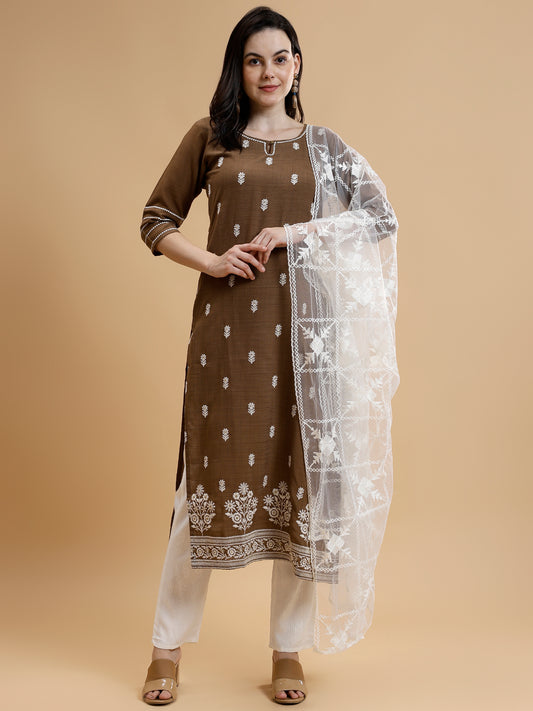 Brown Ethnic Embroidered Kurti Set with Trousers & Dupatta - Five Miles