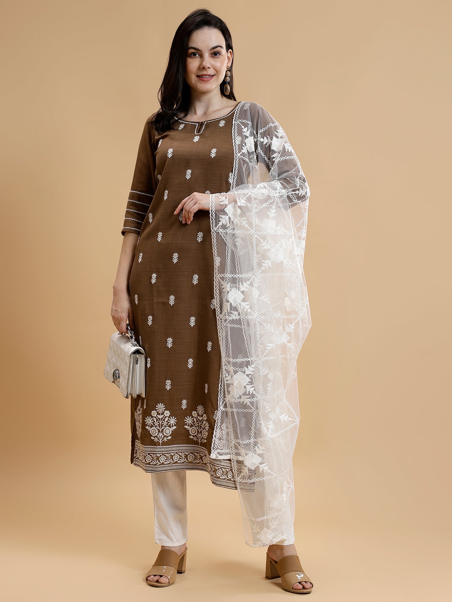 Brown Ethnic Embroidered Kurti Set with Trousers & Dupatta - Five Miles