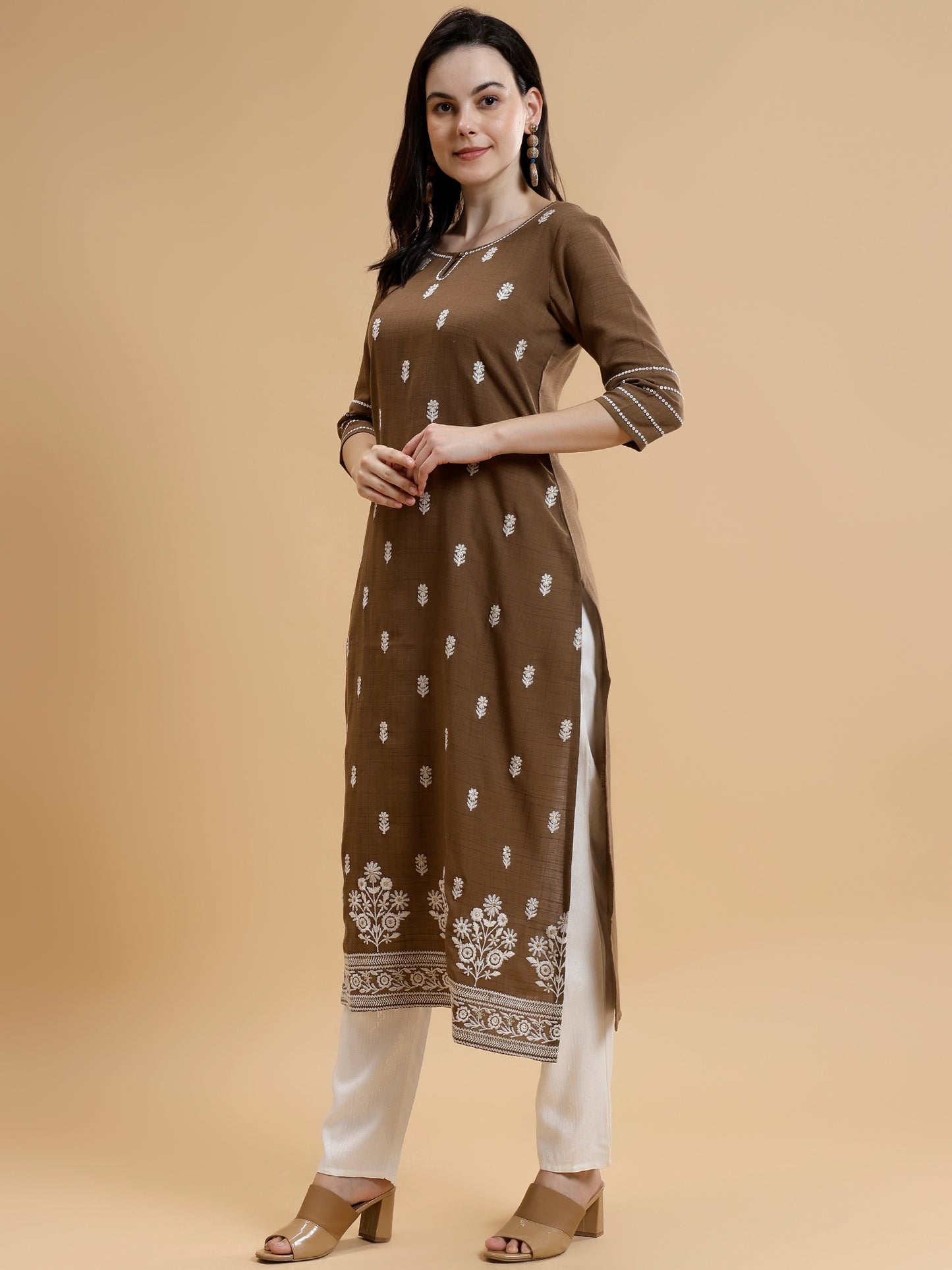 Brown Ethnic Embroidered Kurti Set with Trousers & Dupatta - Five Miles