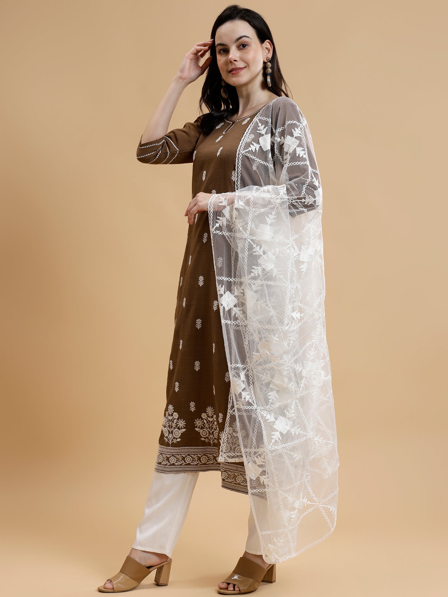 Brown Ethnic Embroidered Kurti Set with Trousers & Dupatta - Five Miles