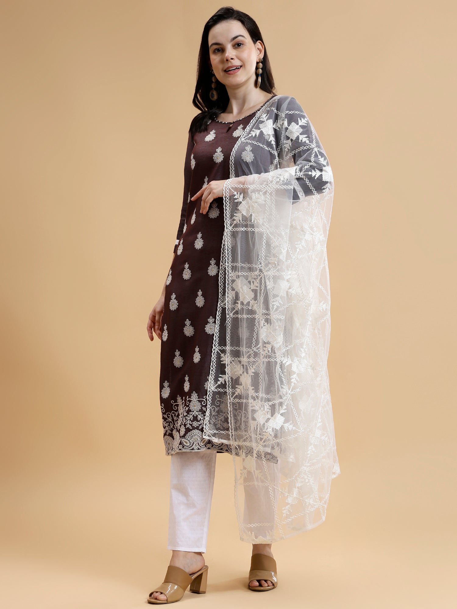 Wine Ethnic Embroidered Kurti Set with Trousers & Dupatta - Five Miles