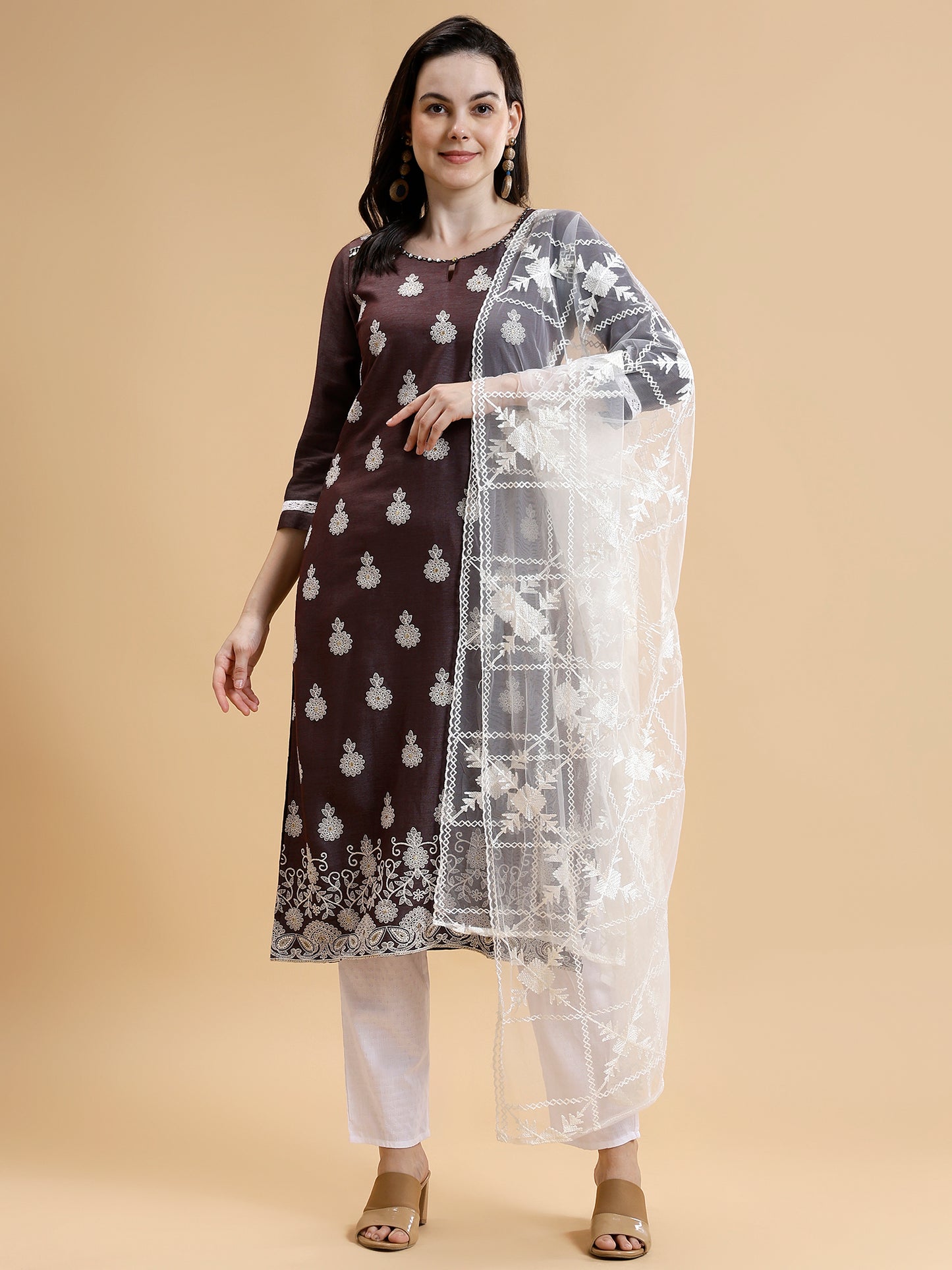 Wine Ethnic Embroidered Kurti Set with Trousers & Dupatta - Five Miles