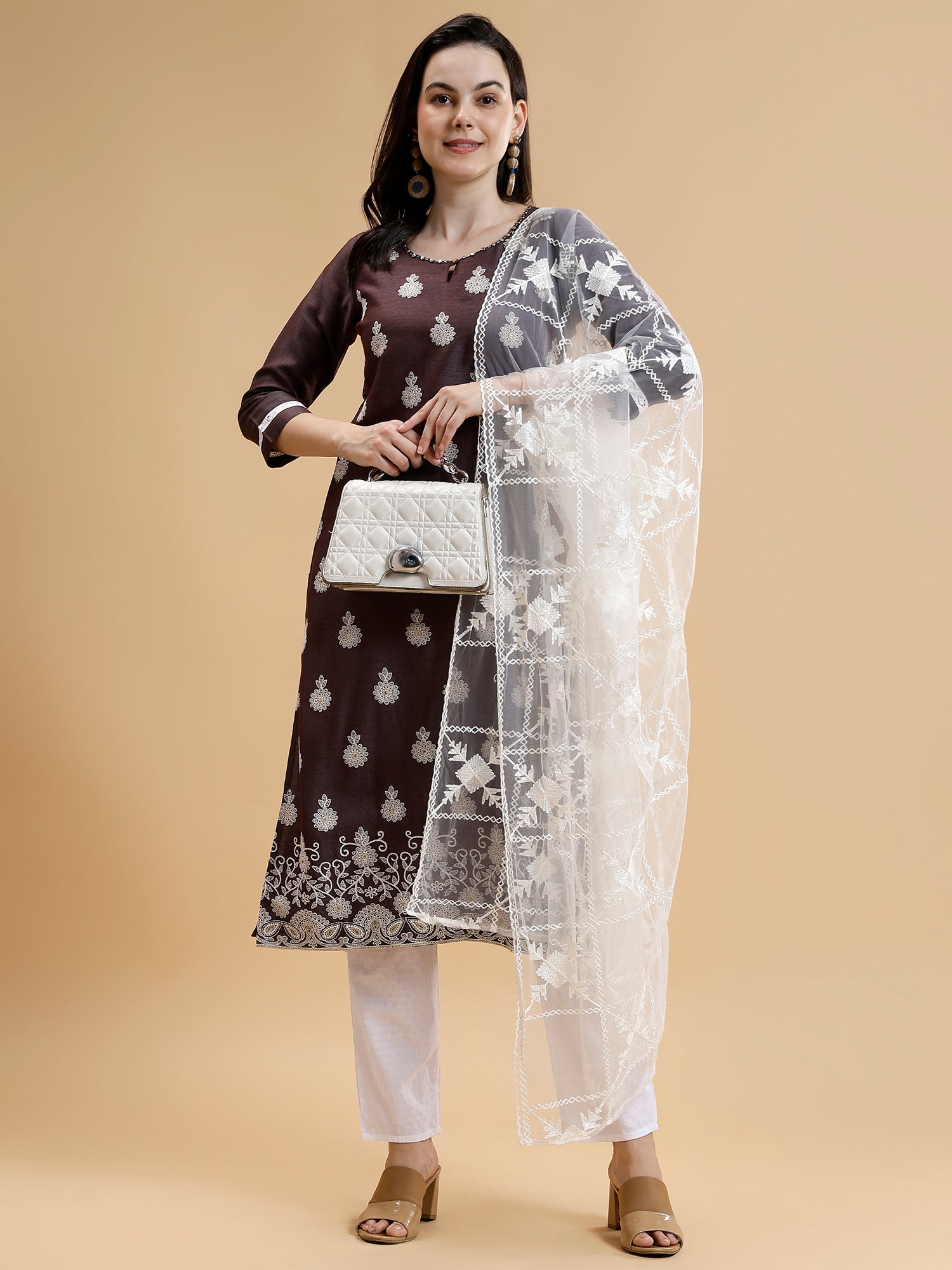 Wine Ethnic Embroidered Kurti Set with Trousers & Dupatta - Five Miles