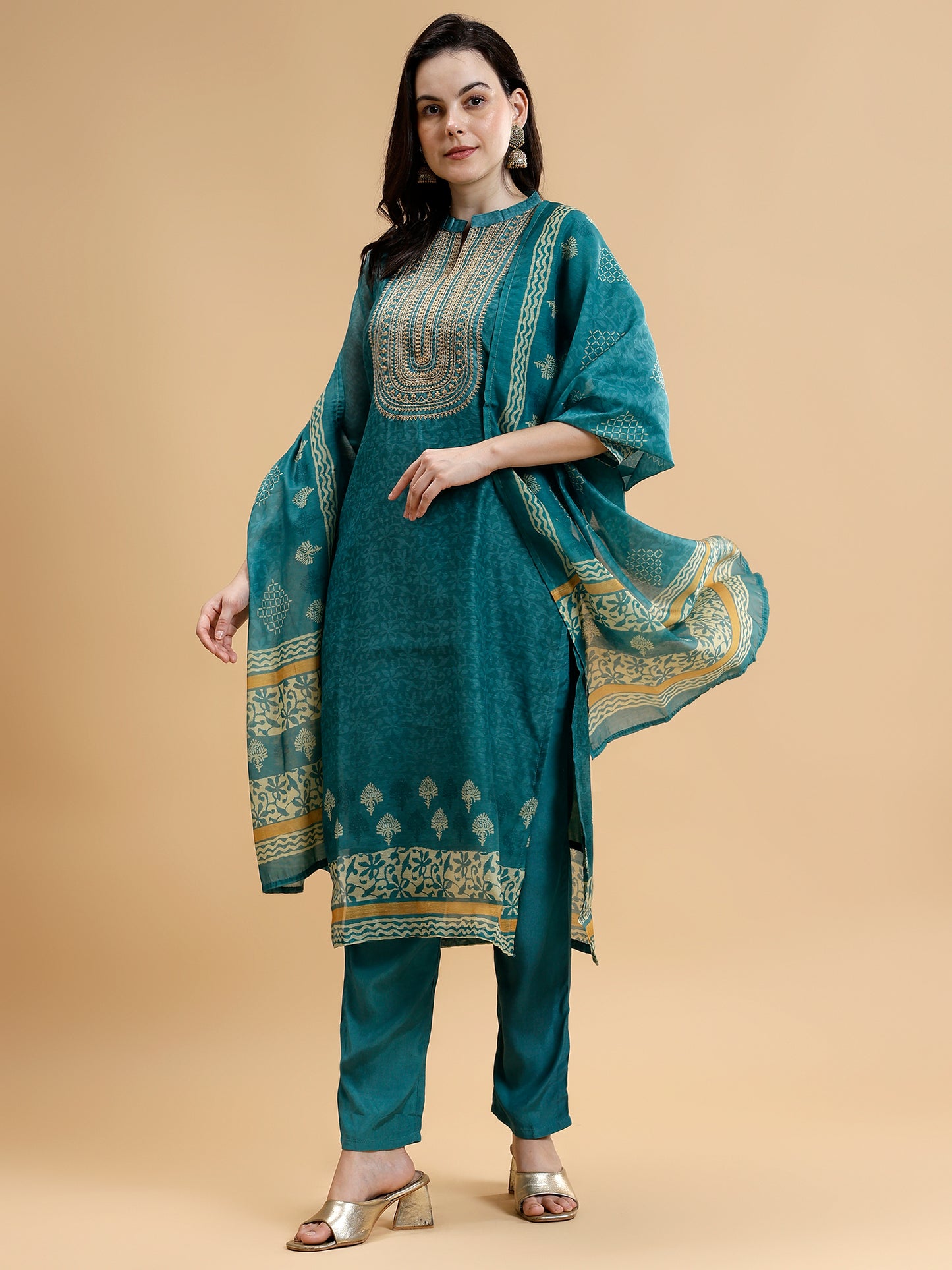 Green Ethnic Printed Chanderi Silk Kurta Set with Trousers & Dupatta - Five Miles