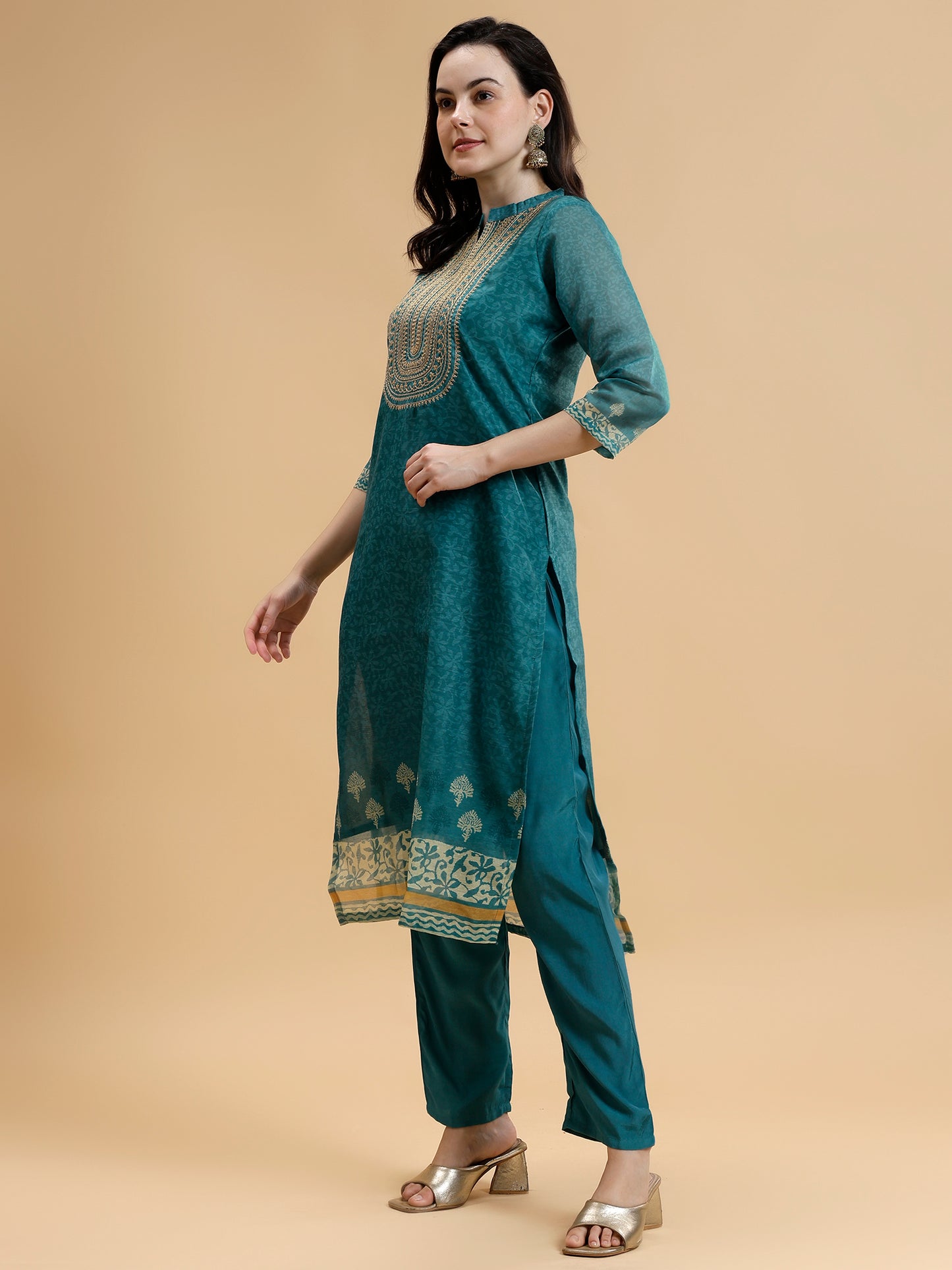 Green Ethnic Printed Chanderi Silk Kurta Set with Trousers & Dupatta - Five Miles