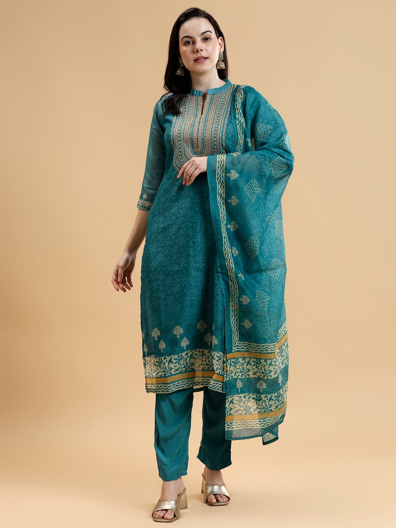 Green Ethnic Printed Chanderi Silk Kurta Set with Trousers & Dupatta - Five Miles