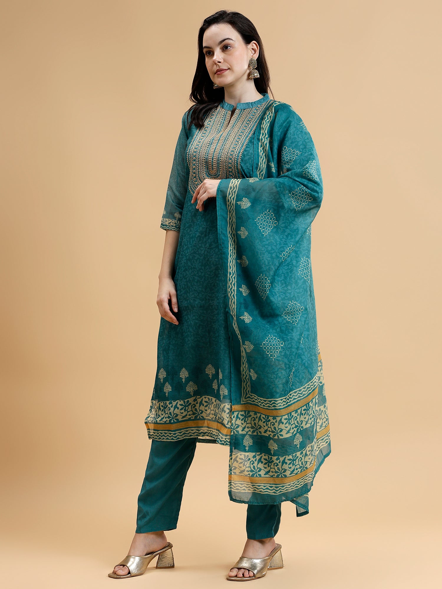 Green Ethnic Printed Chanderi Silk Kurta Set with Trousers & Dupatta - Five Miles