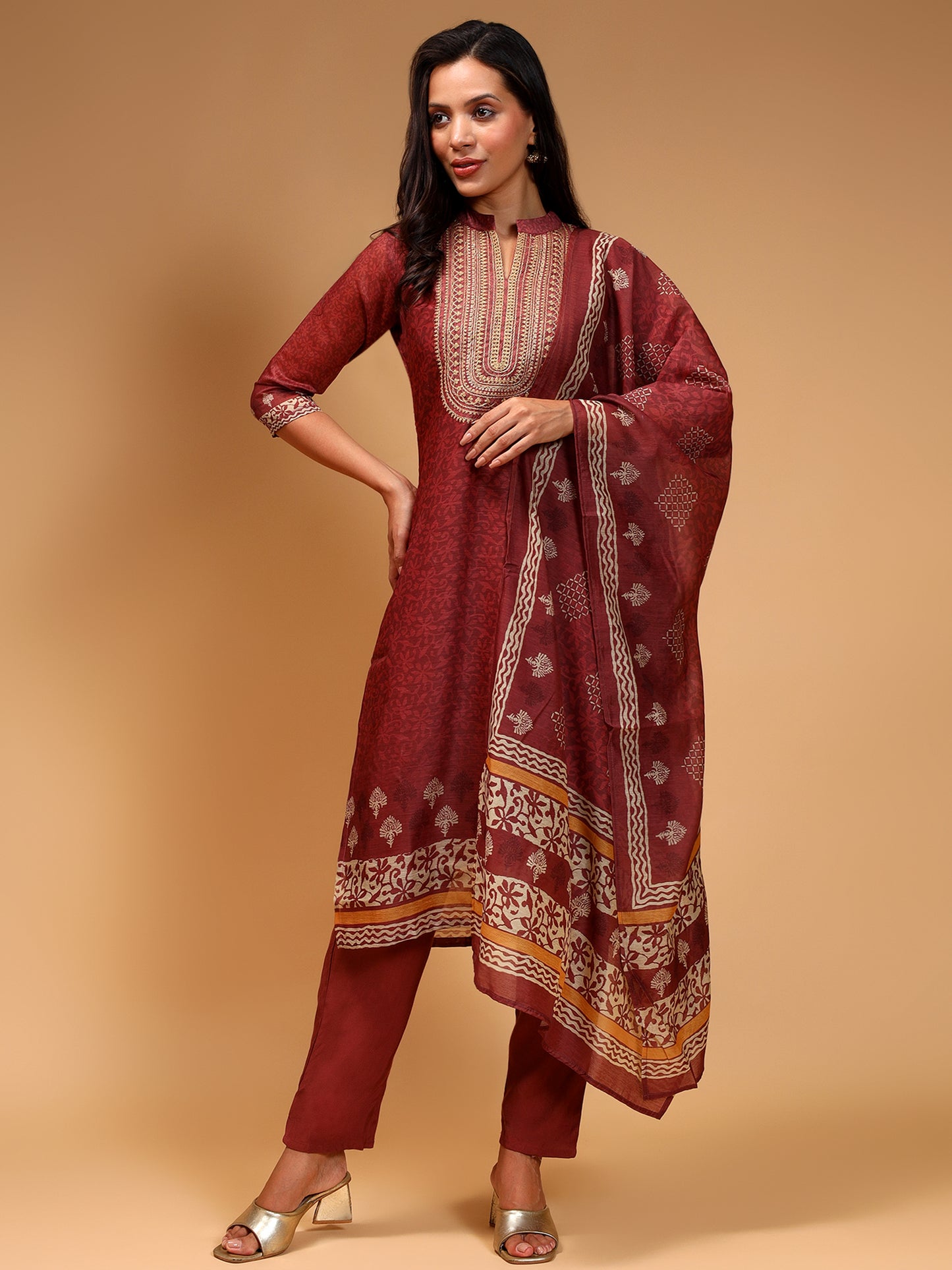 RUST Ethnic Printed Chanderi Silk Kurta Set with Trousers & Dupatta - Five Miles