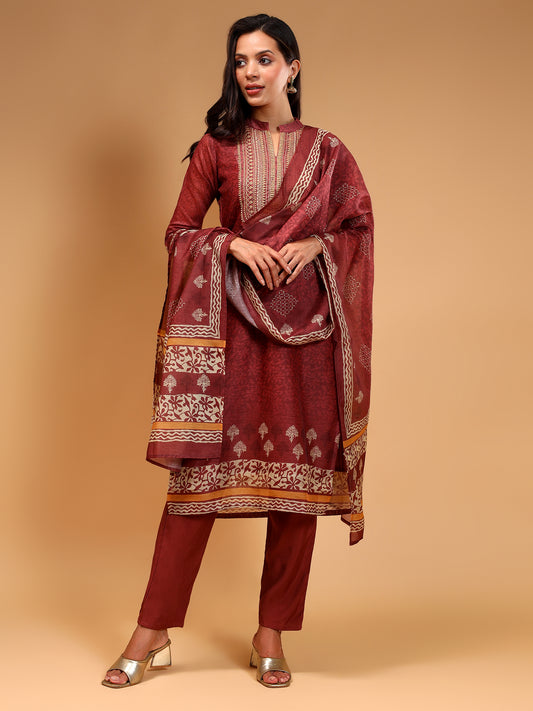 RUST Ethnic Printed Chanderi Silk Kurta Set with Trousers & Dupatta - Five Miles