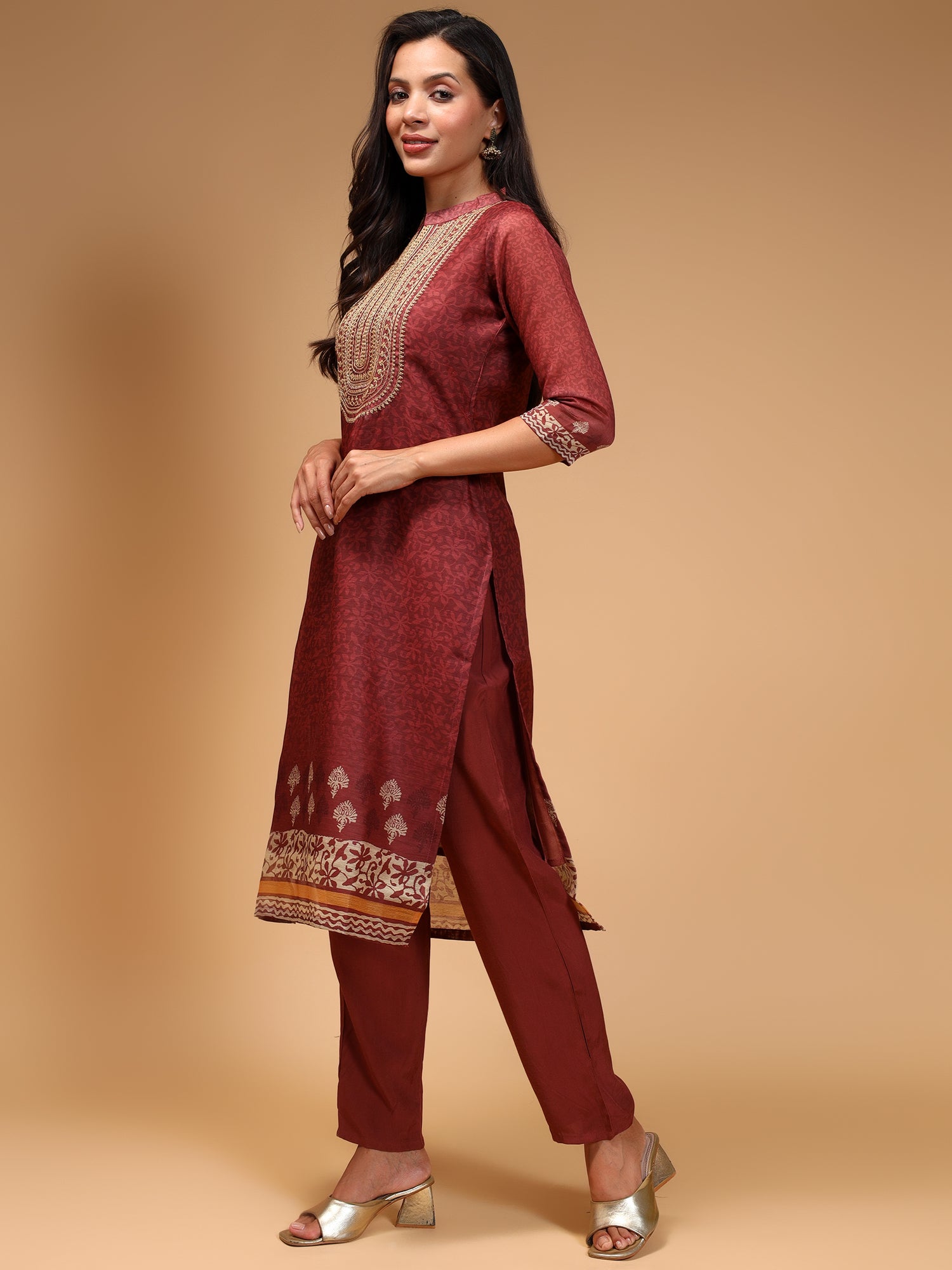 RUST Ethnic Printed Chanderi Silk Kurta Set with Trousers & Dupatta - Five Miles