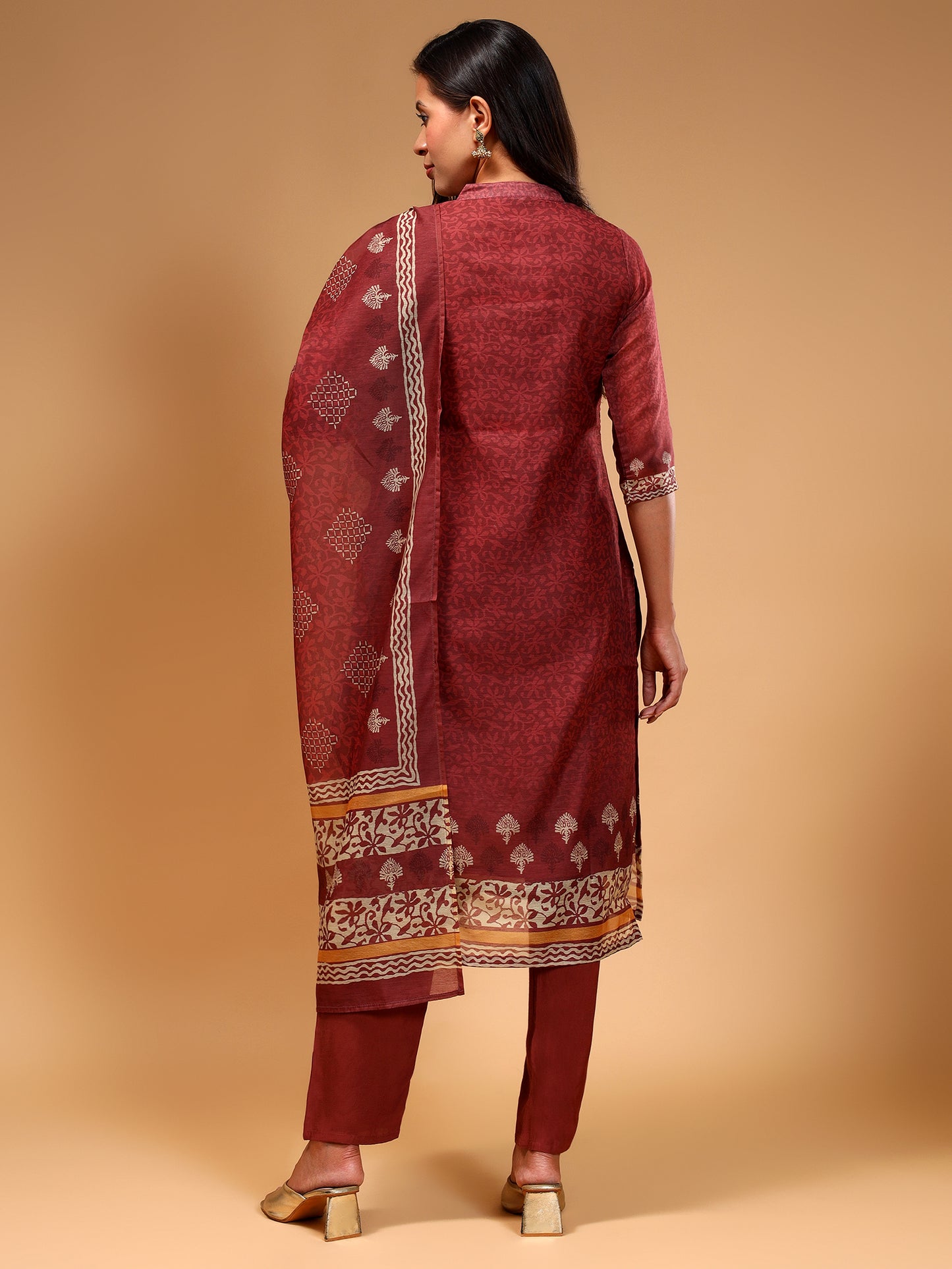 RUST Ethnic Printed Chanderi Silk Kurta Set with Trousers & Dupatta - Five Miles