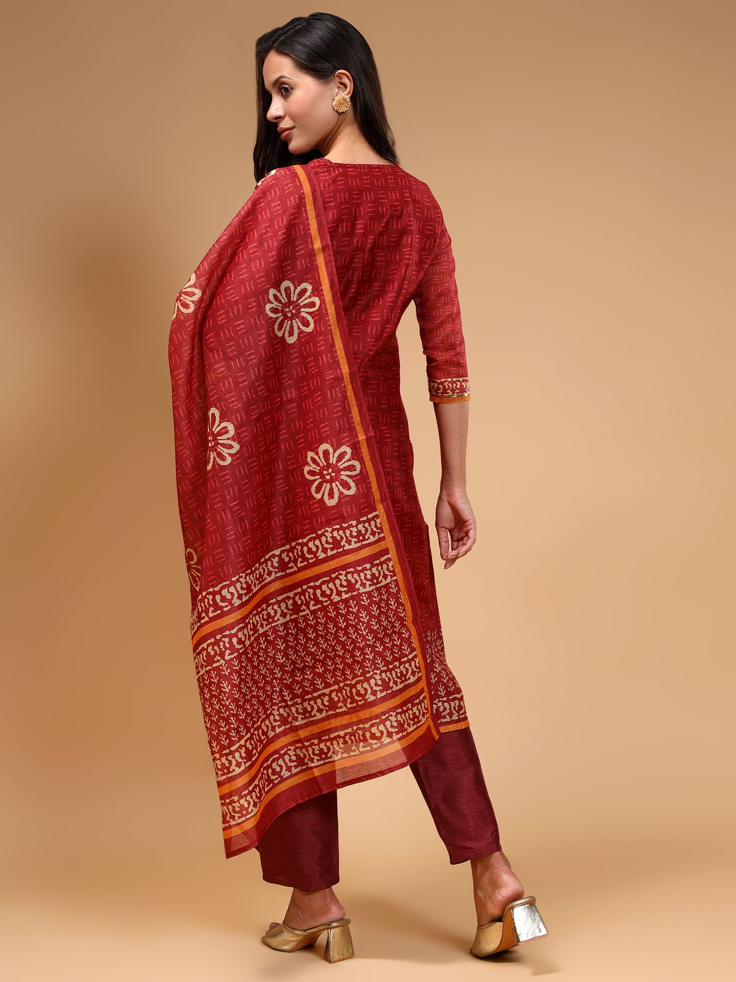 Rust Ethnic Printed Chanderi Silk Kurta Set with Trousers & Dupatta - Five Miles