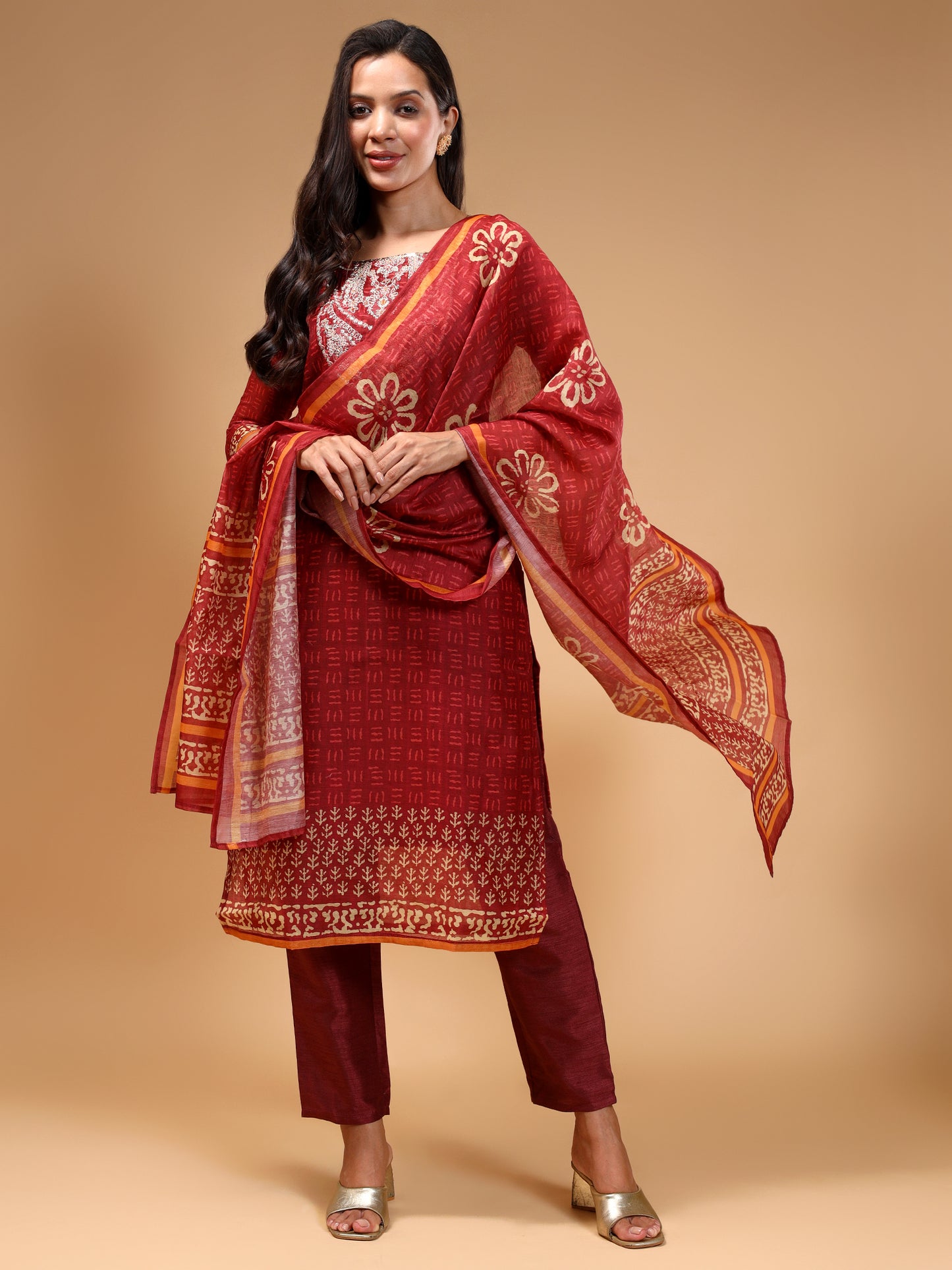 Rust Ethnic Printed Chanderi Silk Kurta Set with Trousers & Dupatta - Five Miles