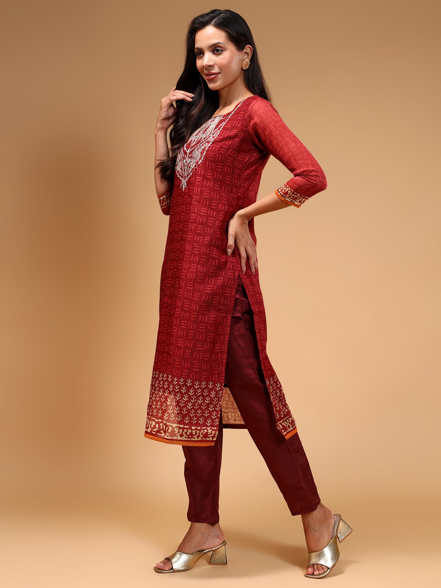 Rust Ethnic Printed Chanderi Silk Kurta Set with Trousers & Dupatta - Five Miles