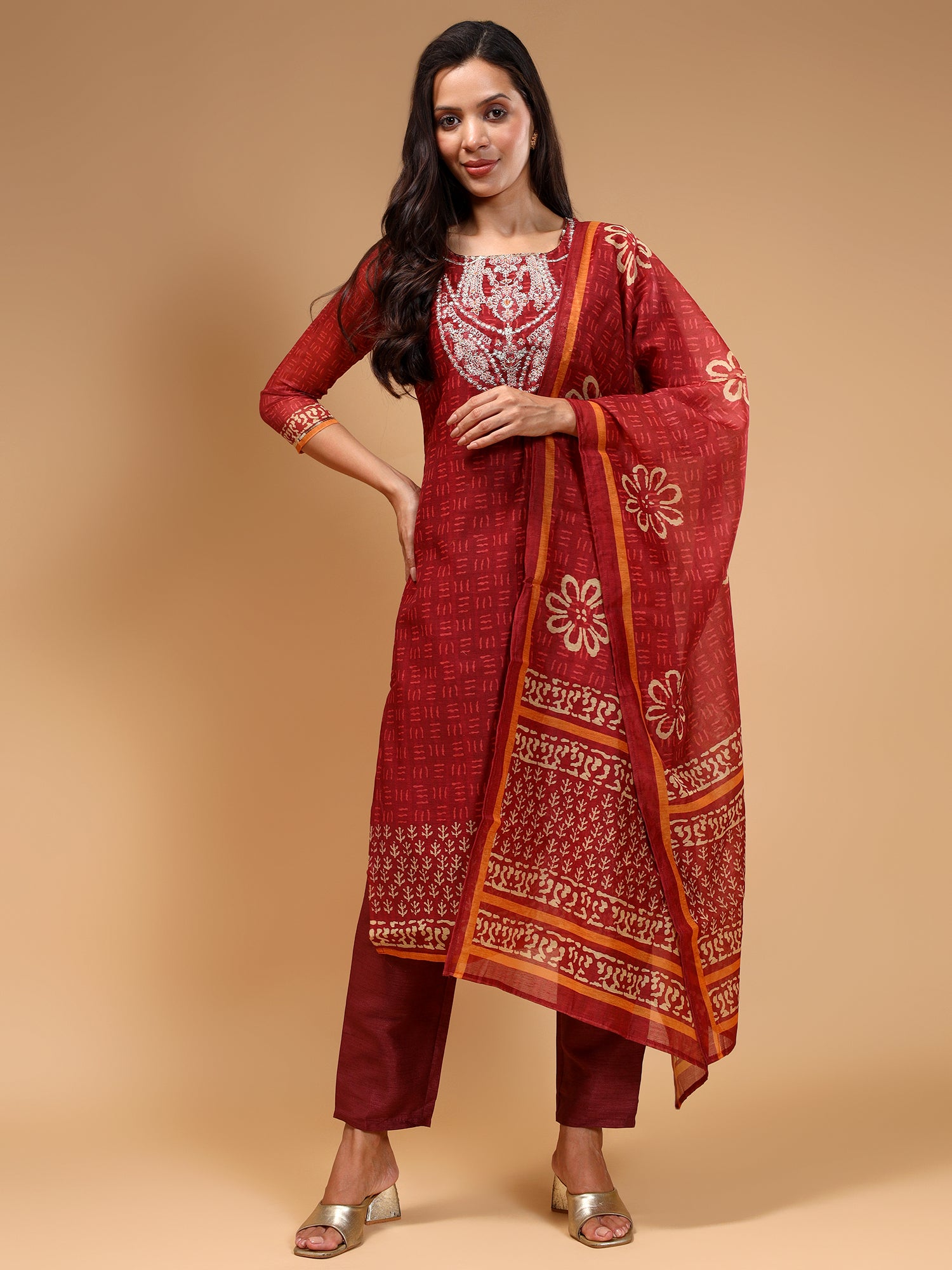 Rust Ethnic Printed Chanderi Silk Kurta Set with Trousers & Dupatta - Five Miles