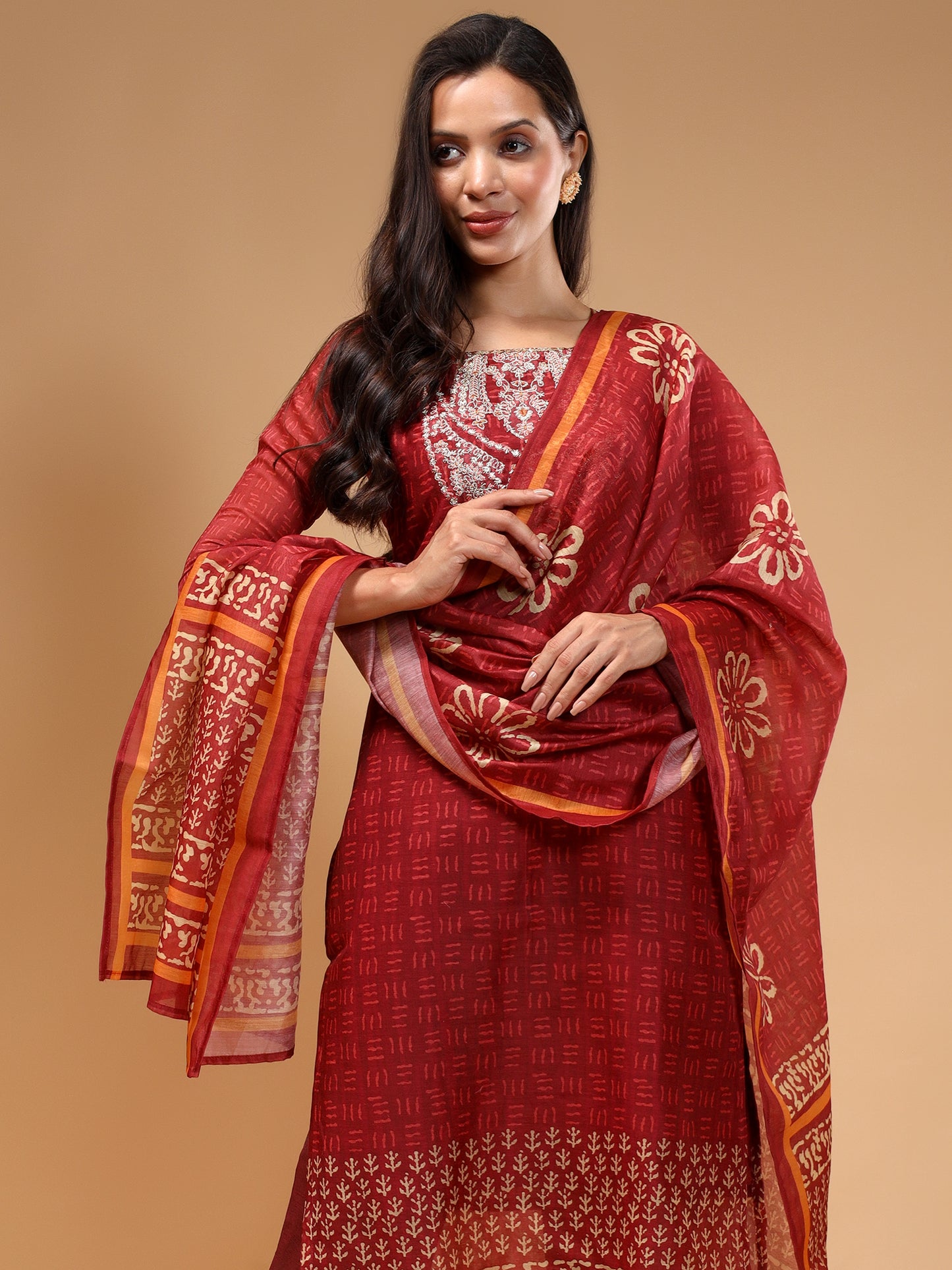 Rust Ethnic Printed Chanderi Silk Kurta Set with Trousers & Dupatta - Five Miles