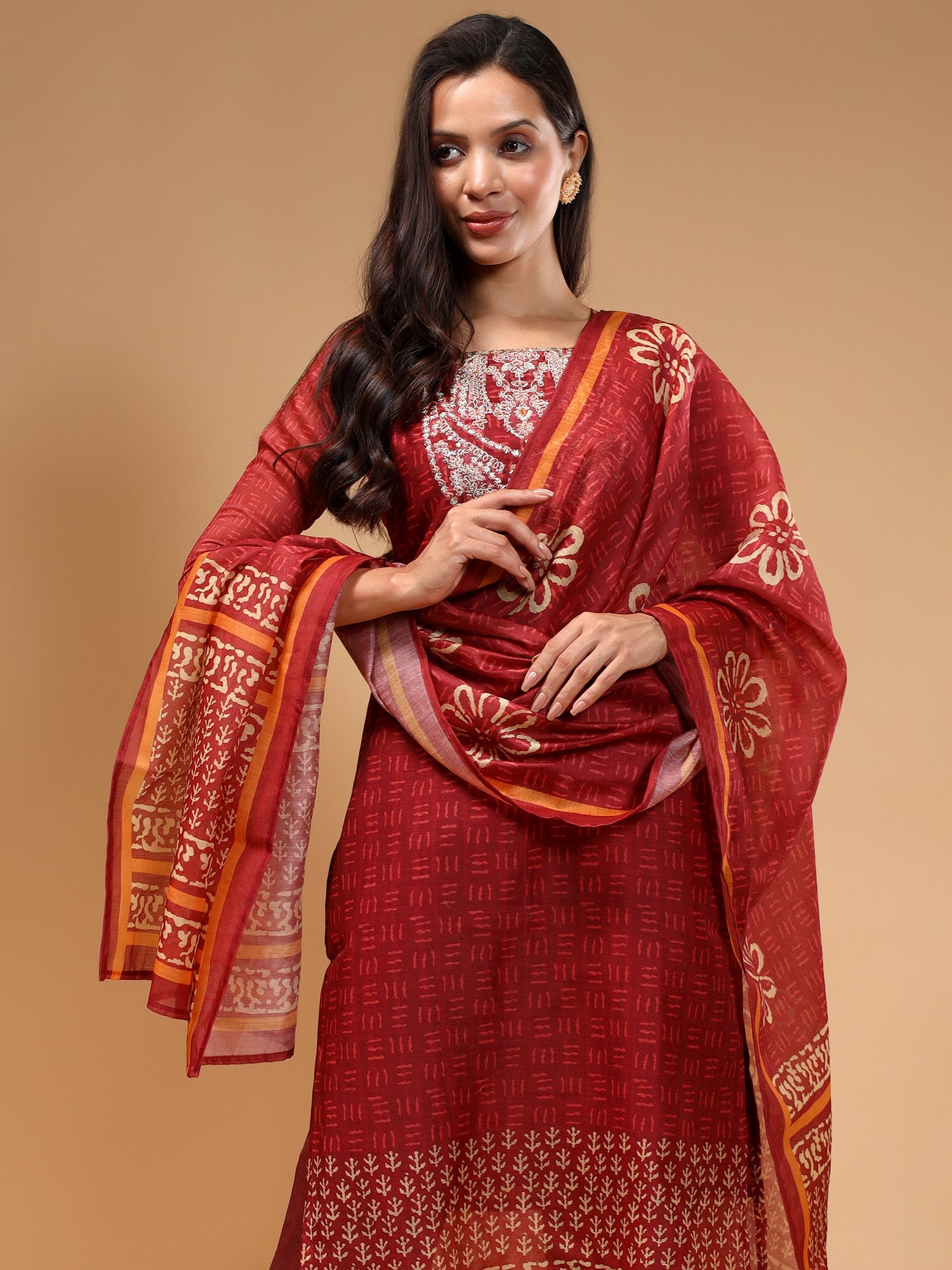 Rust Ethnic Printed Chanderi Silk Kurta Set with Trousers & Dupatta - Five Miles