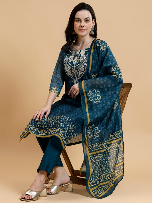 Teal Ethnic Motifs Yoke Design Chanderi Silk Kurta with Trousers & With Dupatta - Five Miles