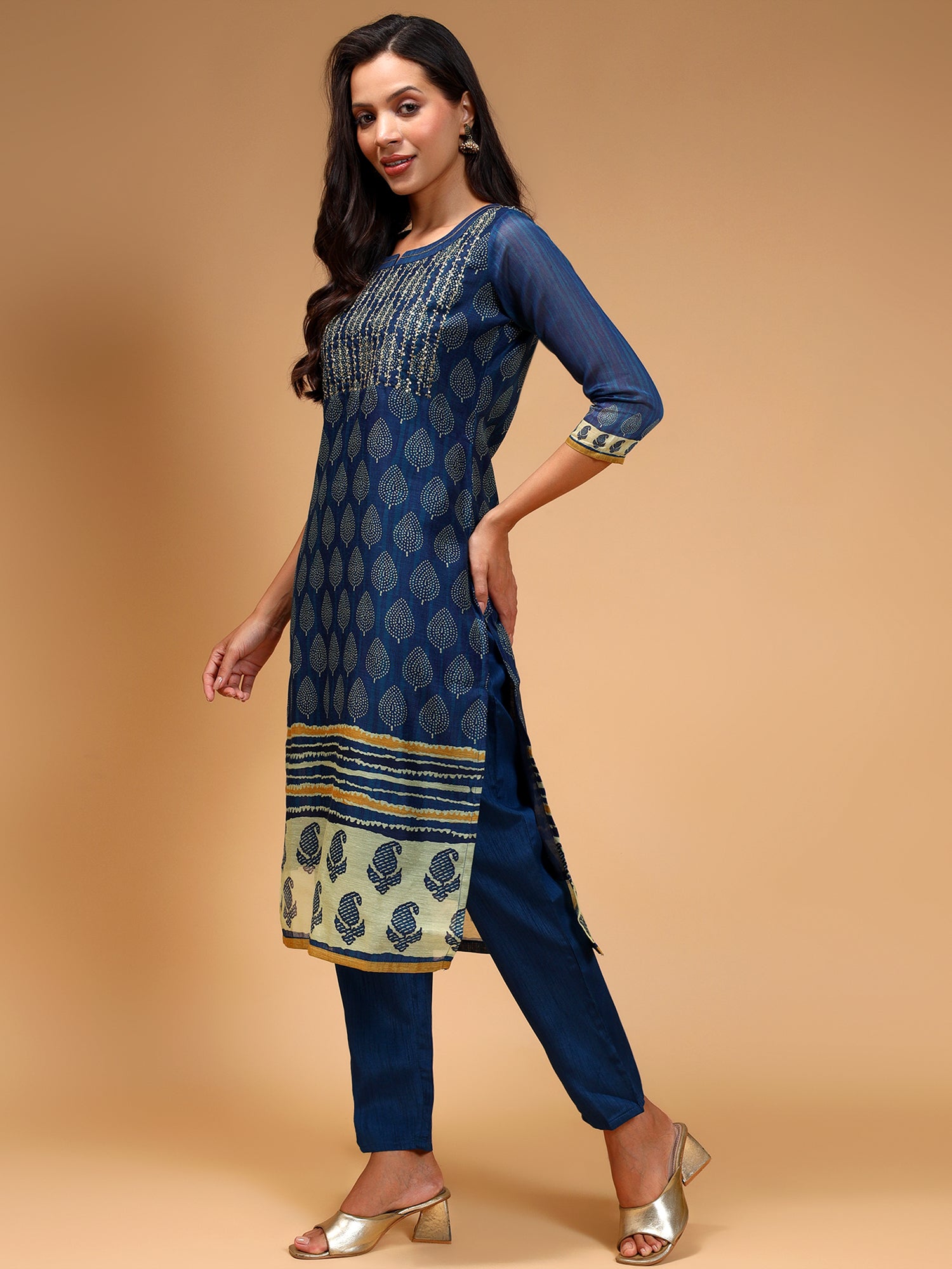 Navy Blue Paisley Printed Chanderi Silk Kurta with Trousers & With Dupatta - Five Miles