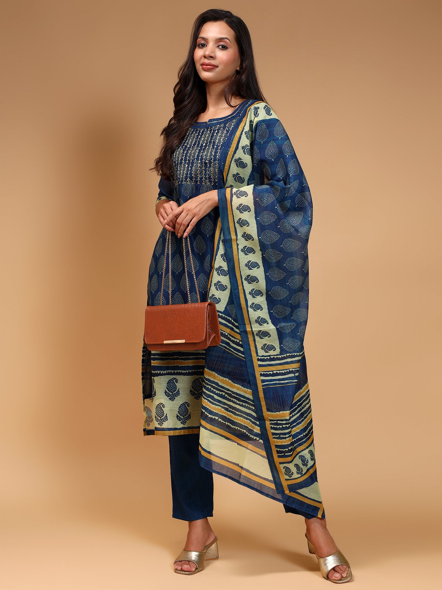 Navy Blue Paisley Printed Chanderi Silk Kurta with Trousers & With Dupatta - Five Miles