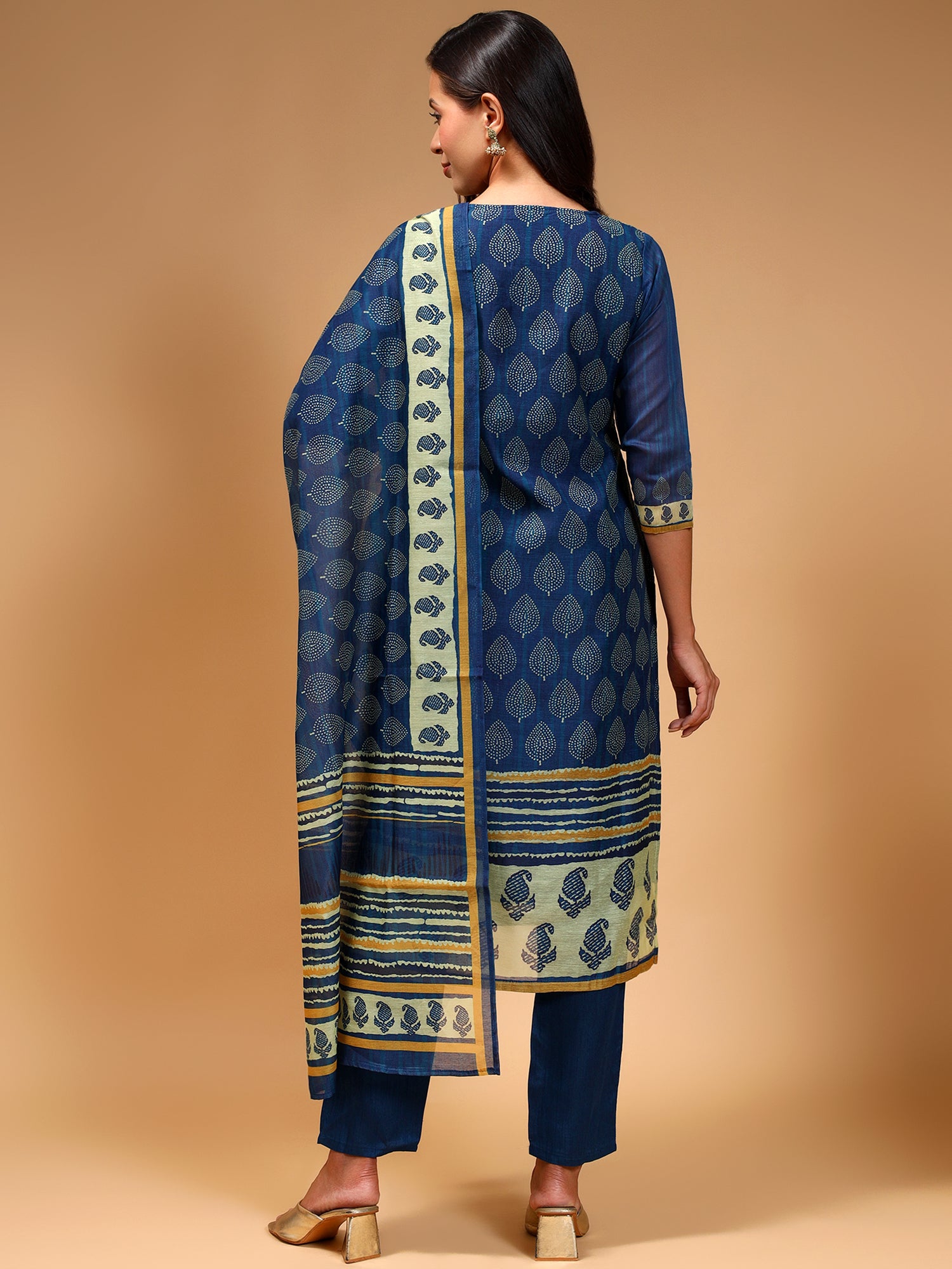 Navy Blue Paisley Printed Chanderi Silk Kurta with Trousers & With Dupatta - Five Miles