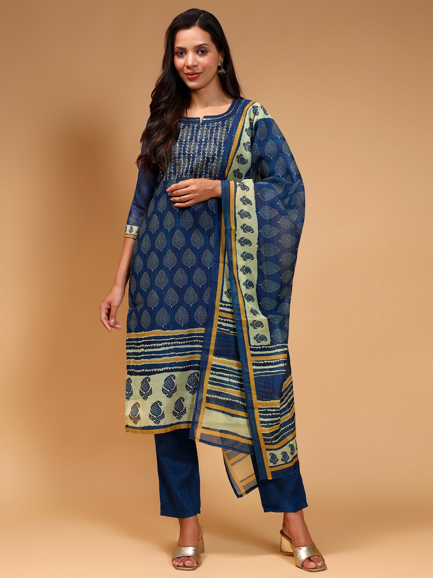 Navy Blue Paisley Printed Chanderi Silk Kurta with Trousers & With Dupatta - Five Miles