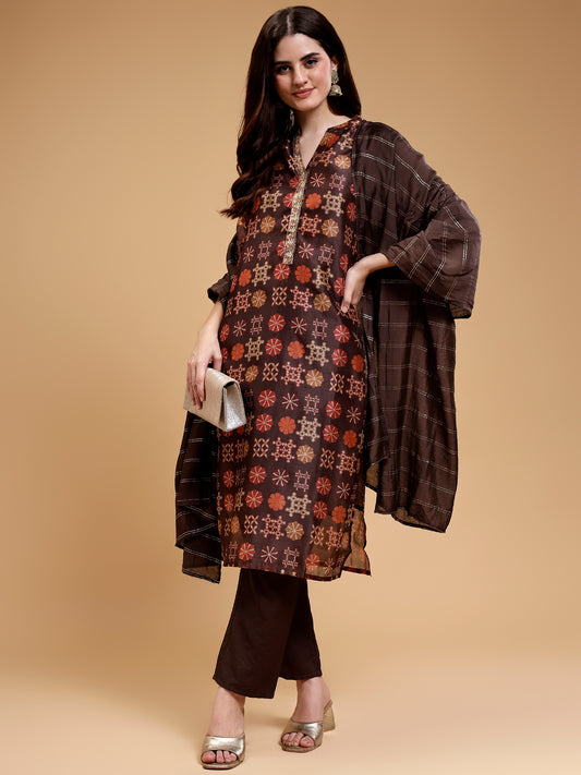 Women Brown Ethnic Motifs Printed Chanderi Cotton Kurta with Trousers & Dupatta - Five Miles