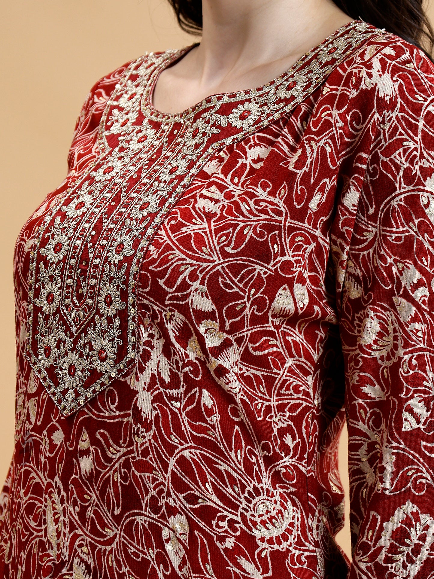 Floral Printed Thread Work Liva Kurta with Salwar & Dupatta - Five Miles