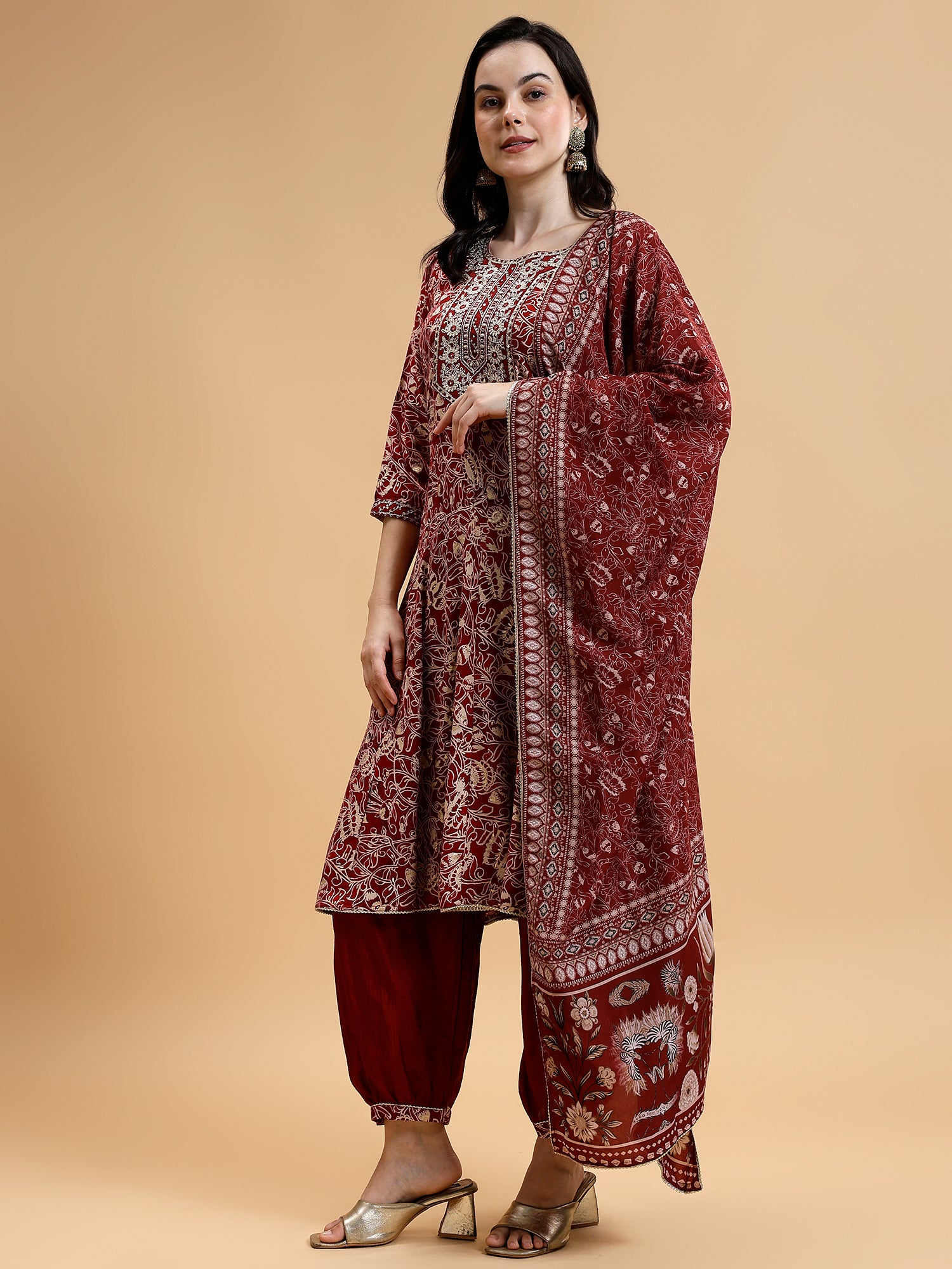 Floral Printed Thread Work Liva Kurta with Salwar & Dupatta - Five Miles