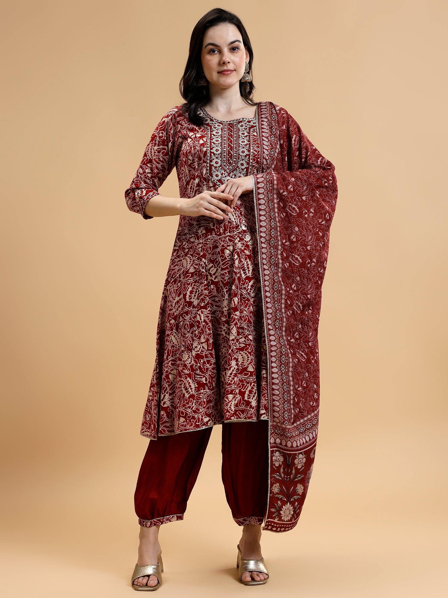 Floral Printed Thread Work Liva Kurta with Salwar & Dupatta - Five Miles