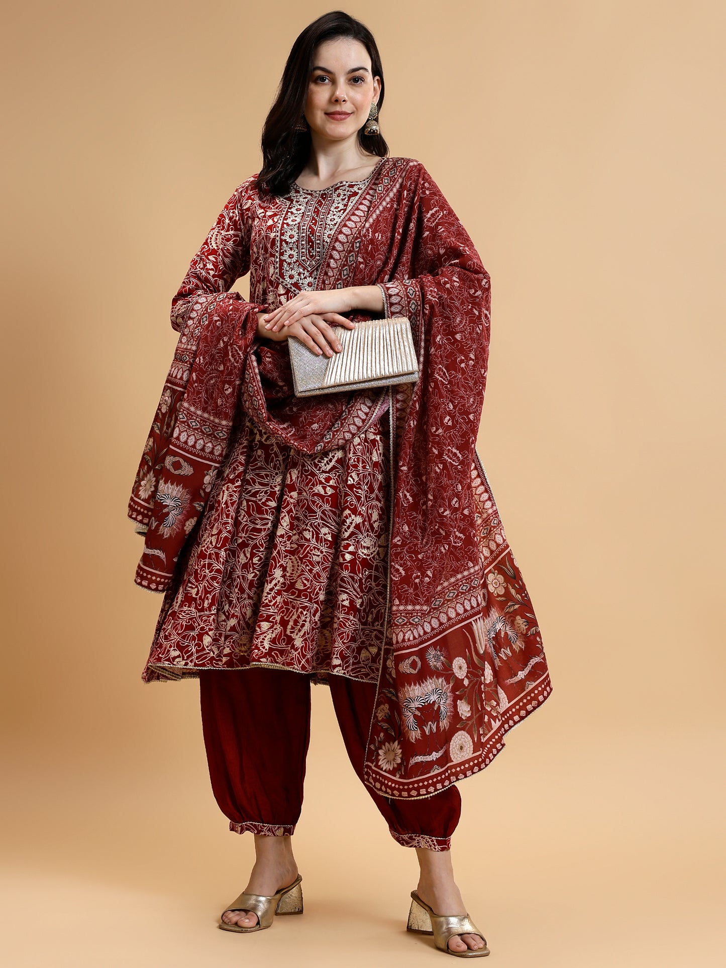 Floral Printed Thread Work Liva Kurta with Salwar & Dupatta - Five Miles