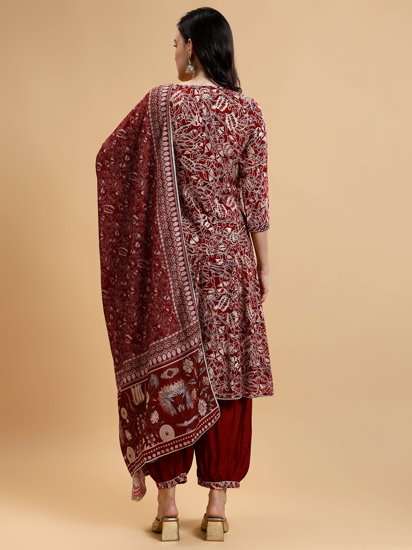 Floral Printed Thread Work Liva Kurta with Salwar & Dupatta - Five Miles