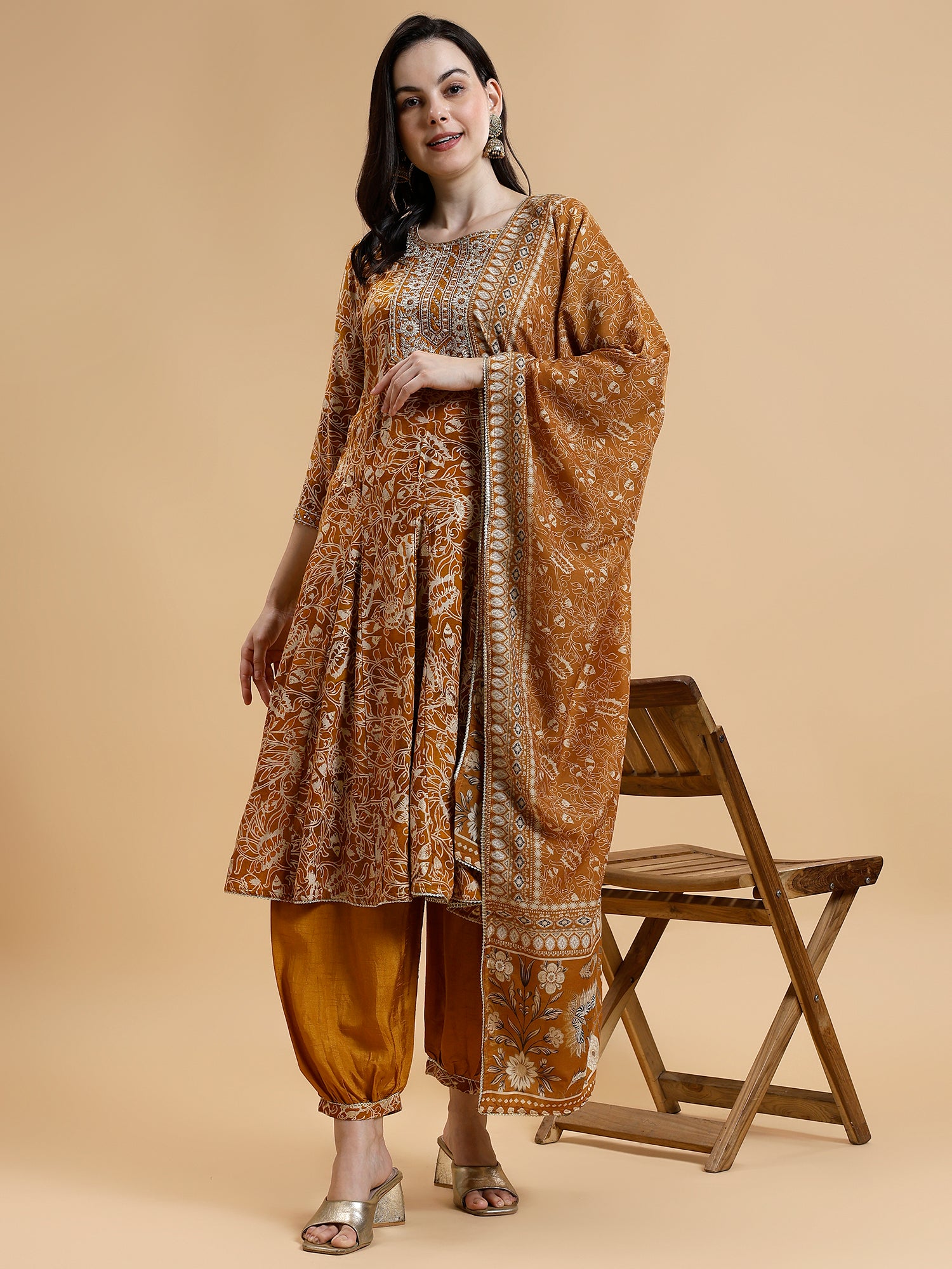 Floral Printed Sequined Liva Kurta with Salwar & Dupatta - Five Miles