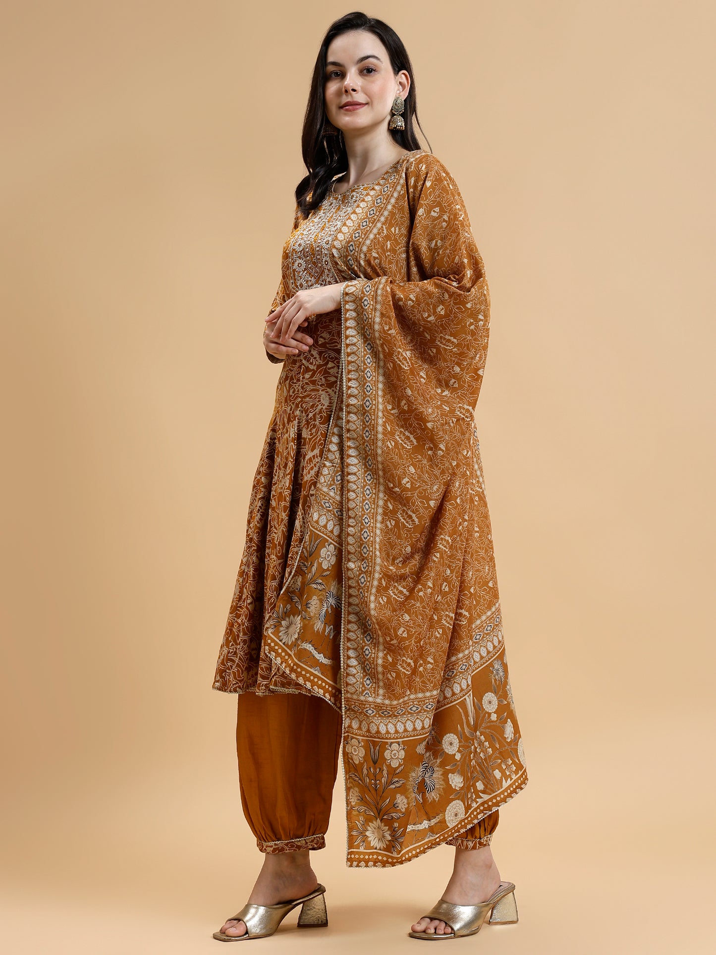 Floral Printed Sequined Liva Kurta with Salwar & Dupatta - Five Miles