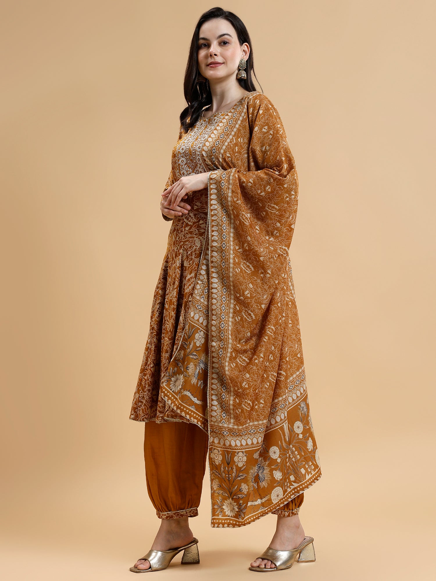 Floral Printed Sequined Liva Kurta with Salwar & Dupatta - Five Miles