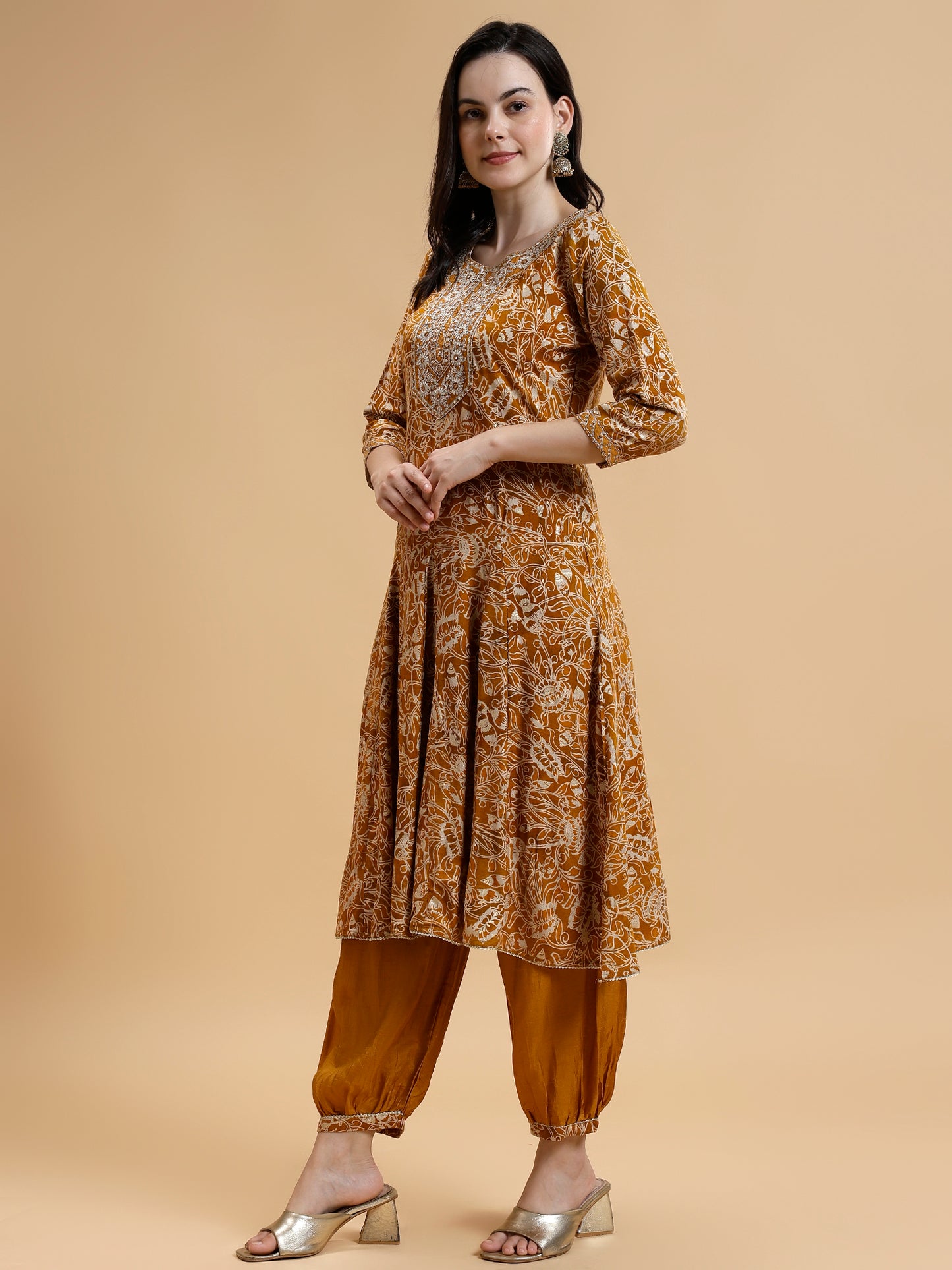 Floral Printed Sequined Liva Kurta with Salwar & Dupatta - Five Miles