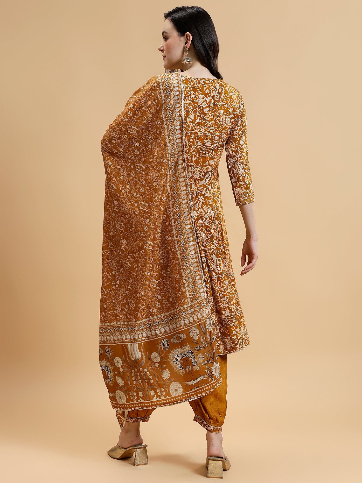 Floral Printed Sequined Liva Kurta with Salwar & Dupatta - Five Miles