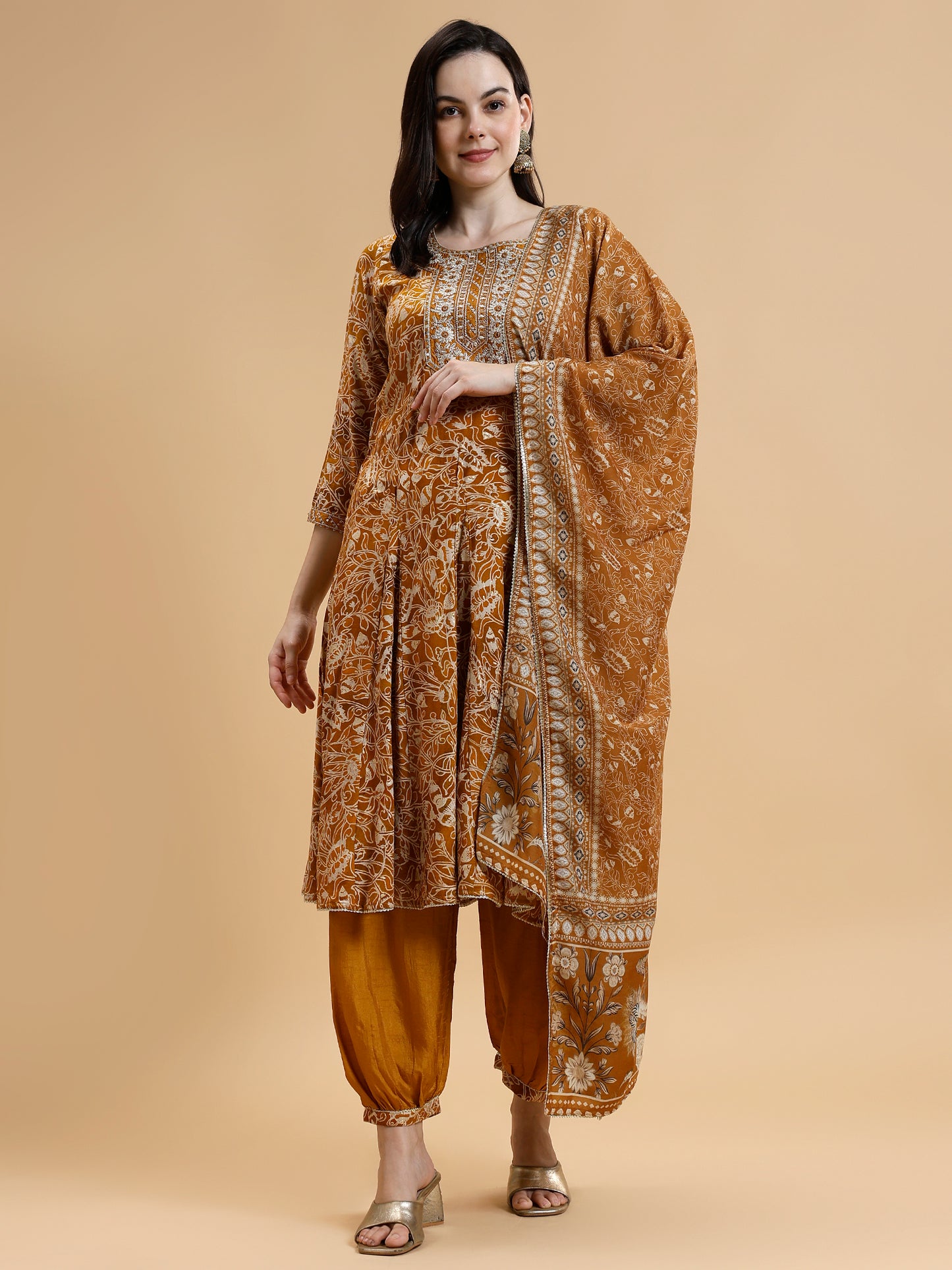 Floral Printed Sequined Liva Kurta with Salwar & Dupatta - Five Miles