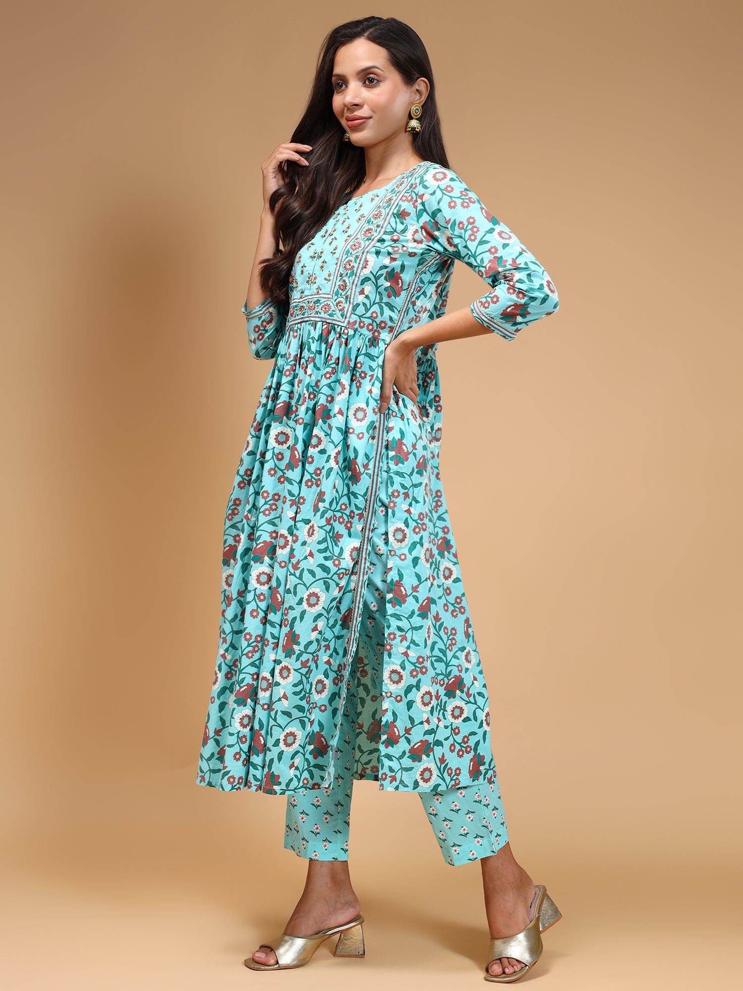 Notched Neck Ethnic Printed Beads and Stones Kurta with Trousers & Dupatta - Five Miles