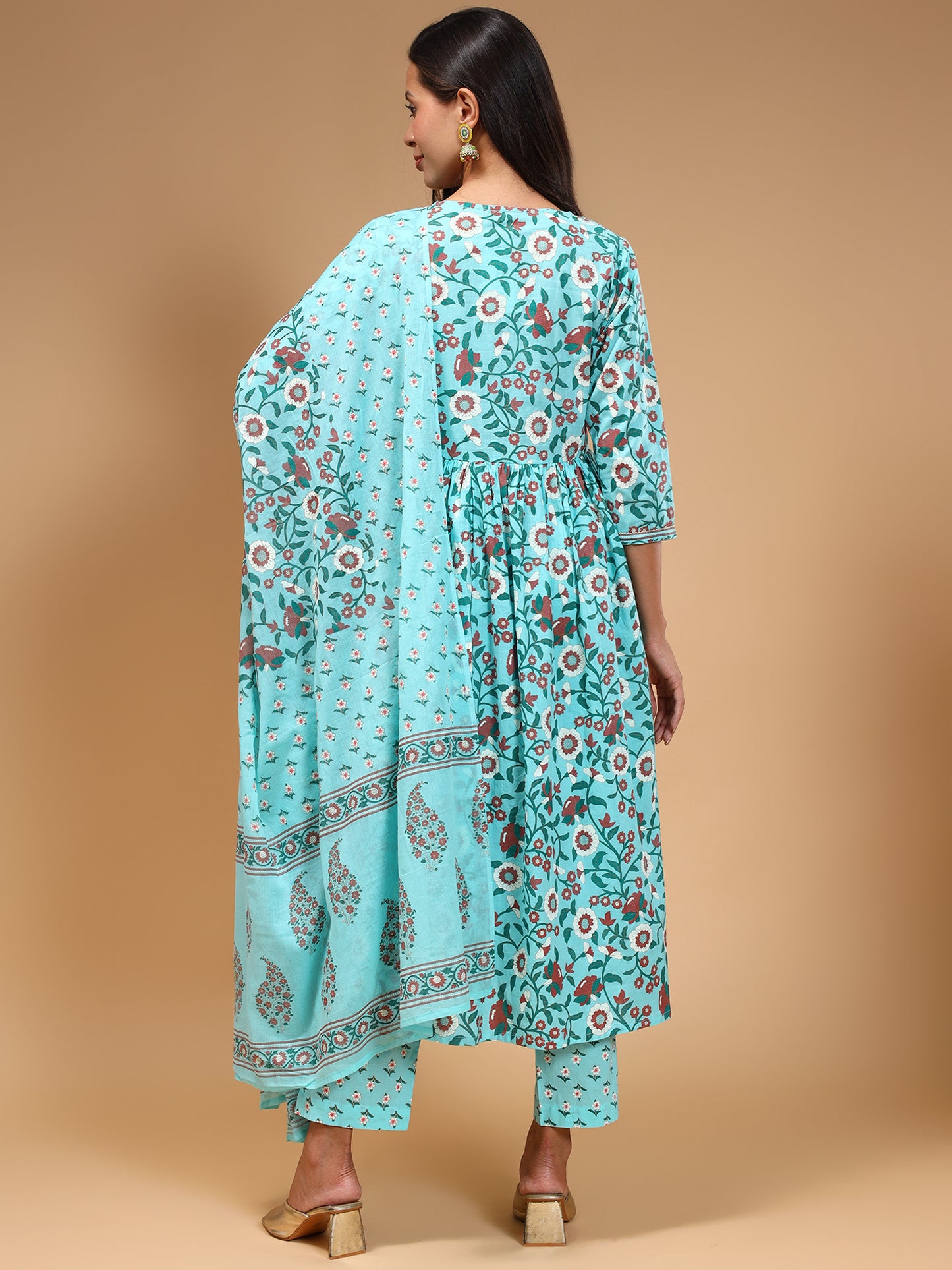 Notched Neck Ethnic Printed Beads and Stones Kurta with Trousers & Dupatta - Five Miles