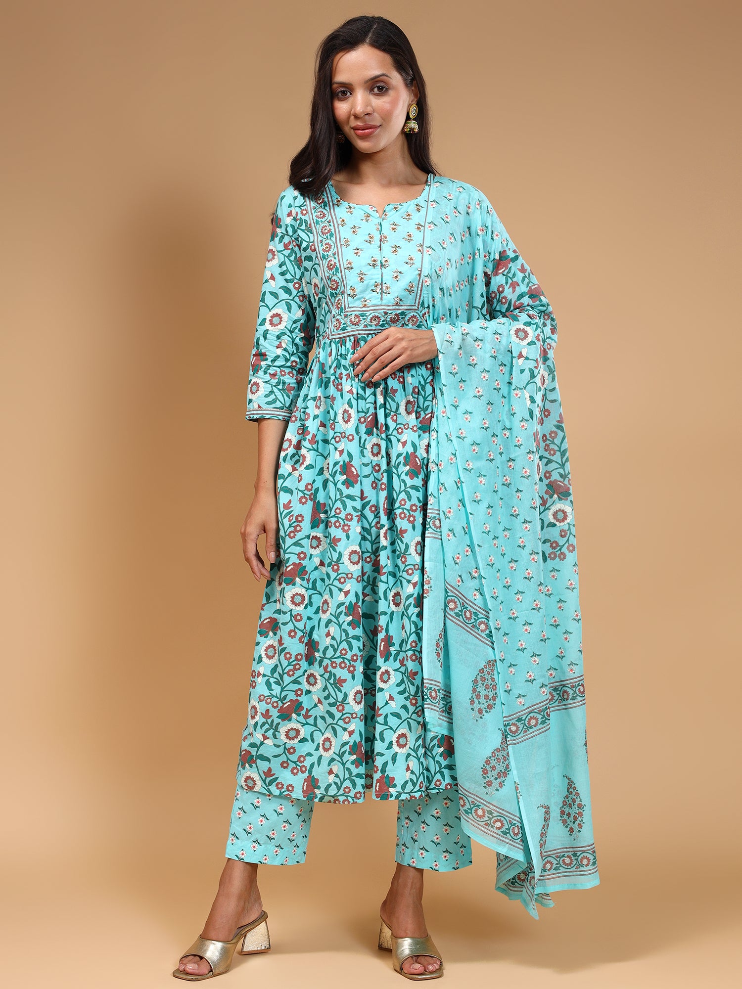 Notched Neck Ethnic Printed Beads and Stones Kurta with Trousers & Dupatta - Five Miles