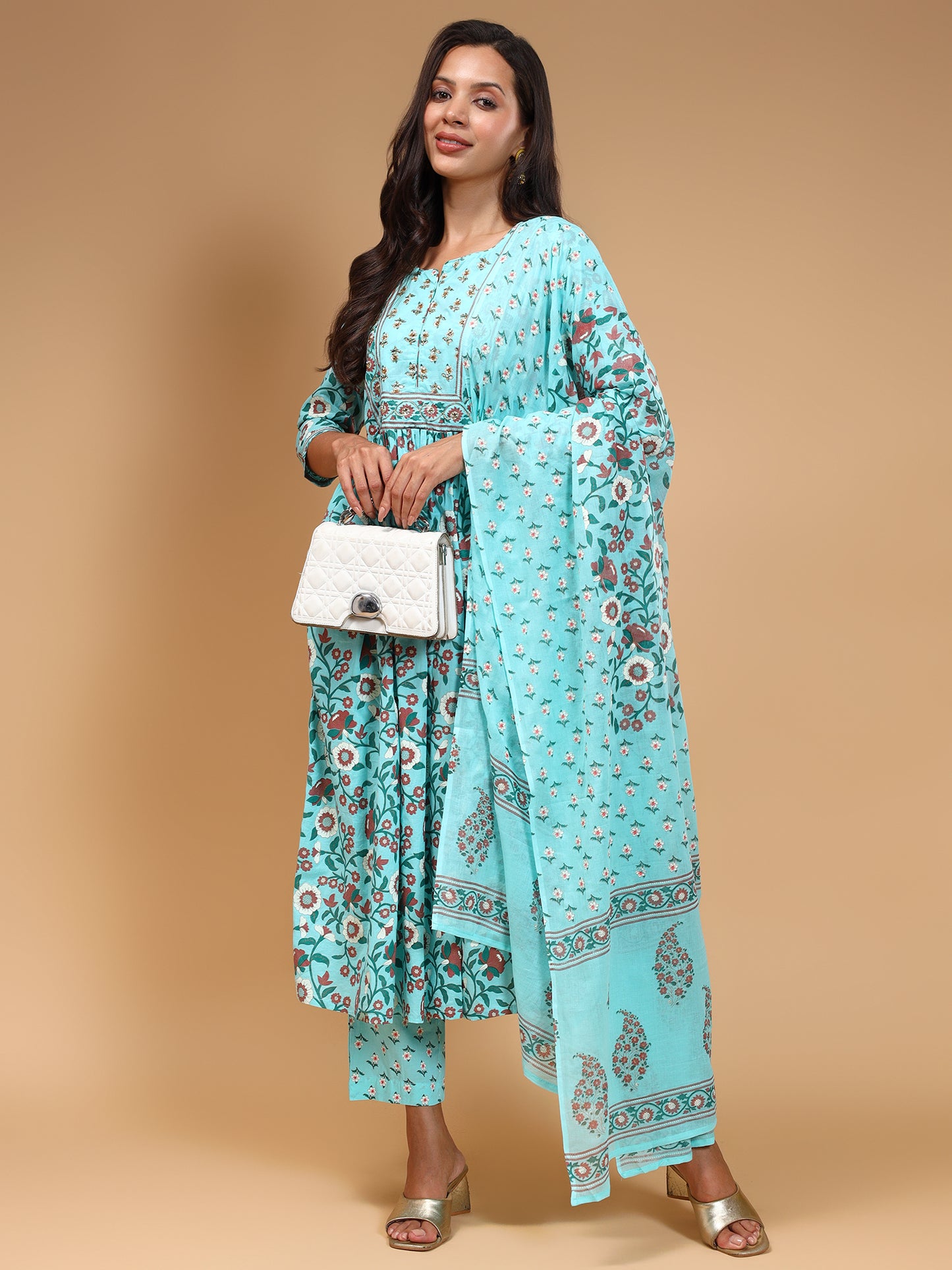 Notched Neck Ethnic Printed Beads and Stones Kurta with Trousers & Dupatta - Five Miles