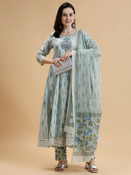 Printed Thread Work Pure Cotton Anarkali Kurta With Trousers & Dupatta - Five Miles