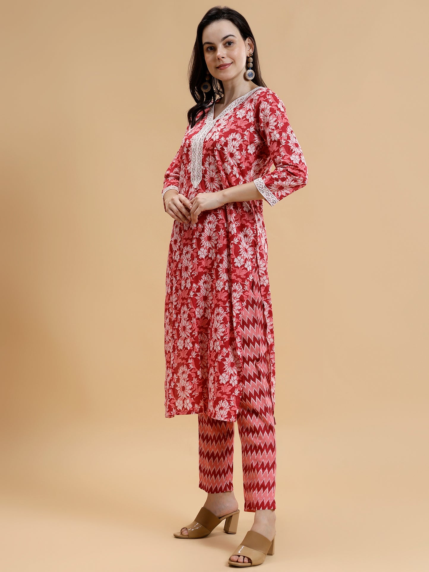 Thread Work Pure Cotton Kurta Set withTrousers & Dupatta - Five Miles