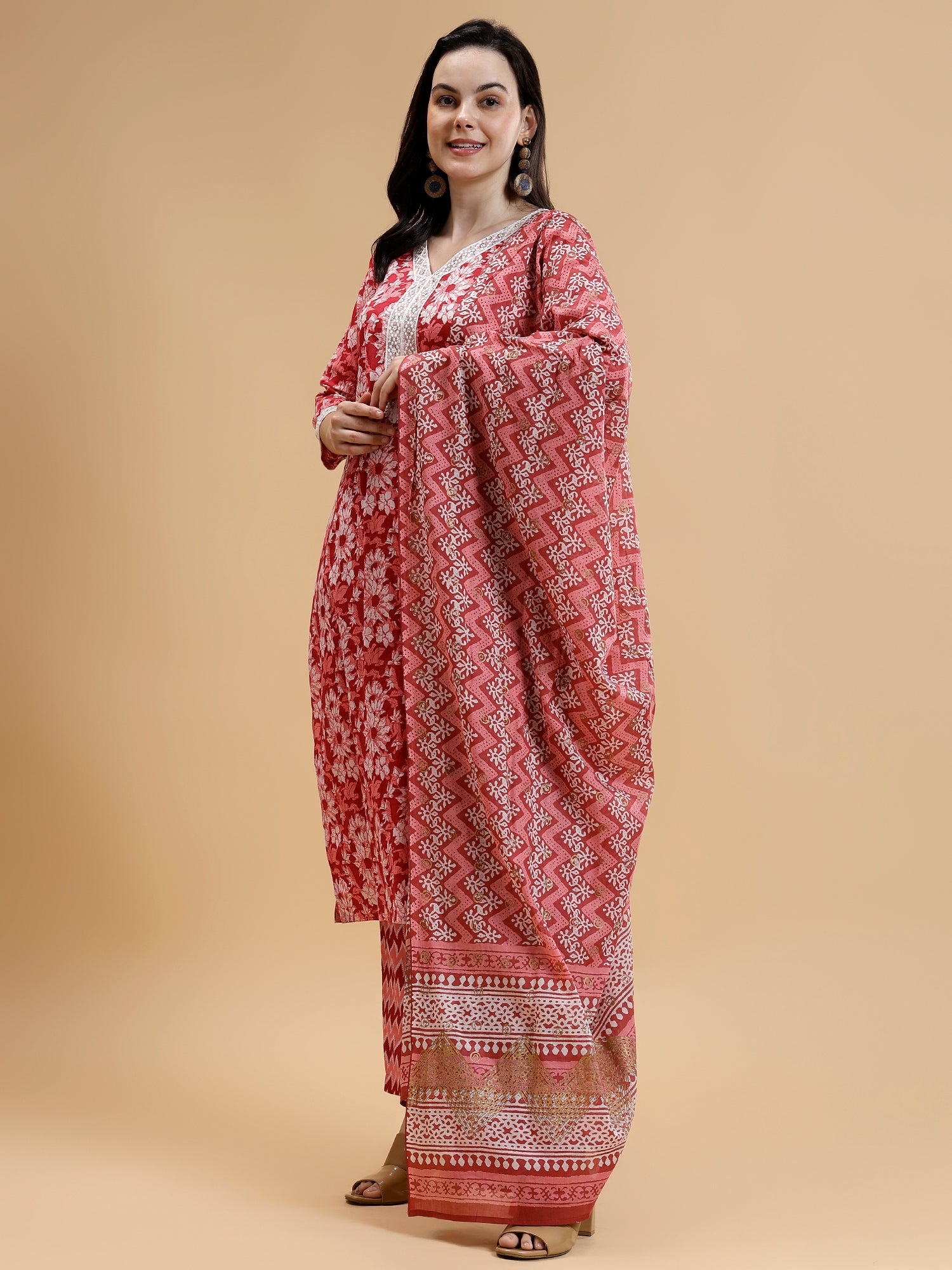 Thread Work Pure Cotton Kurta Set withTrousers & Dupatta - Five Miles