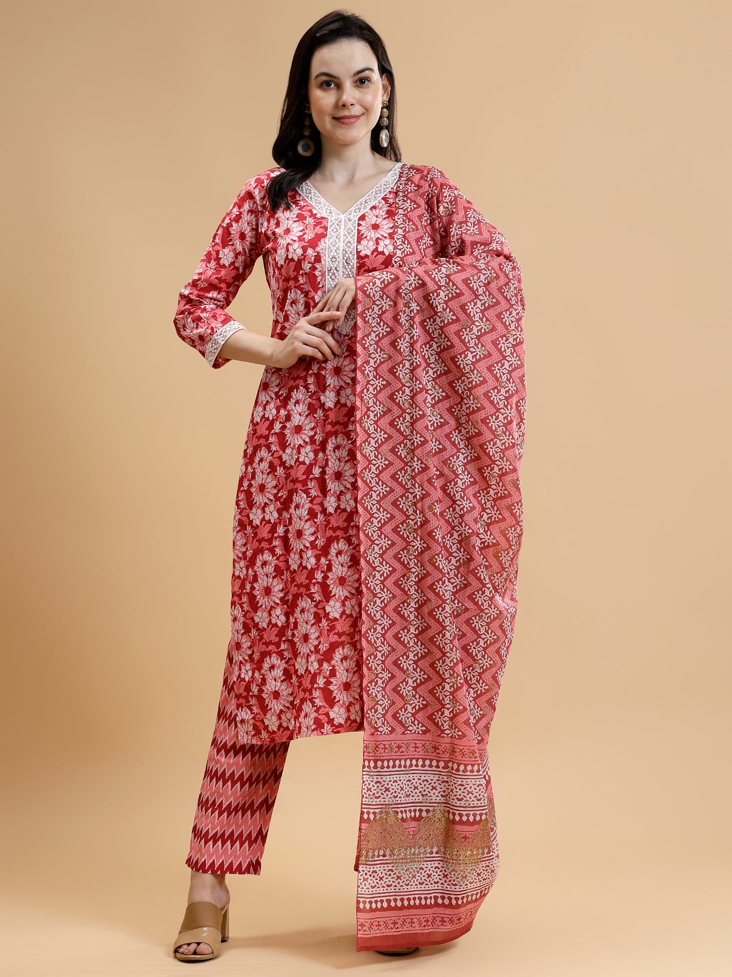 Thread Work Pure Cotton Kurta Set withTrousers & Dupatta - Five Miles