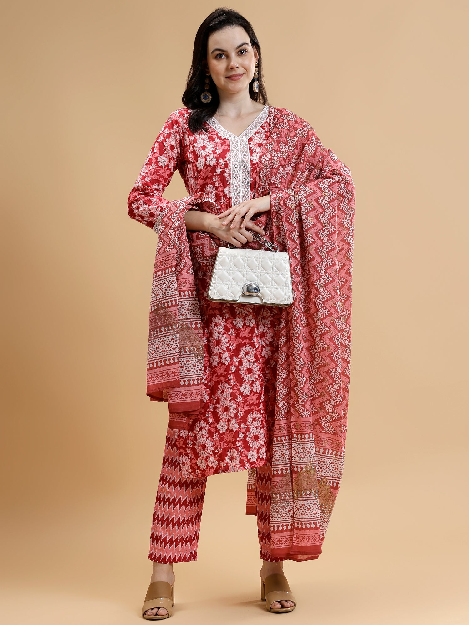 Thread Work Pure Cotton Kurta Set withTrousers & Dupatta - Five Miles