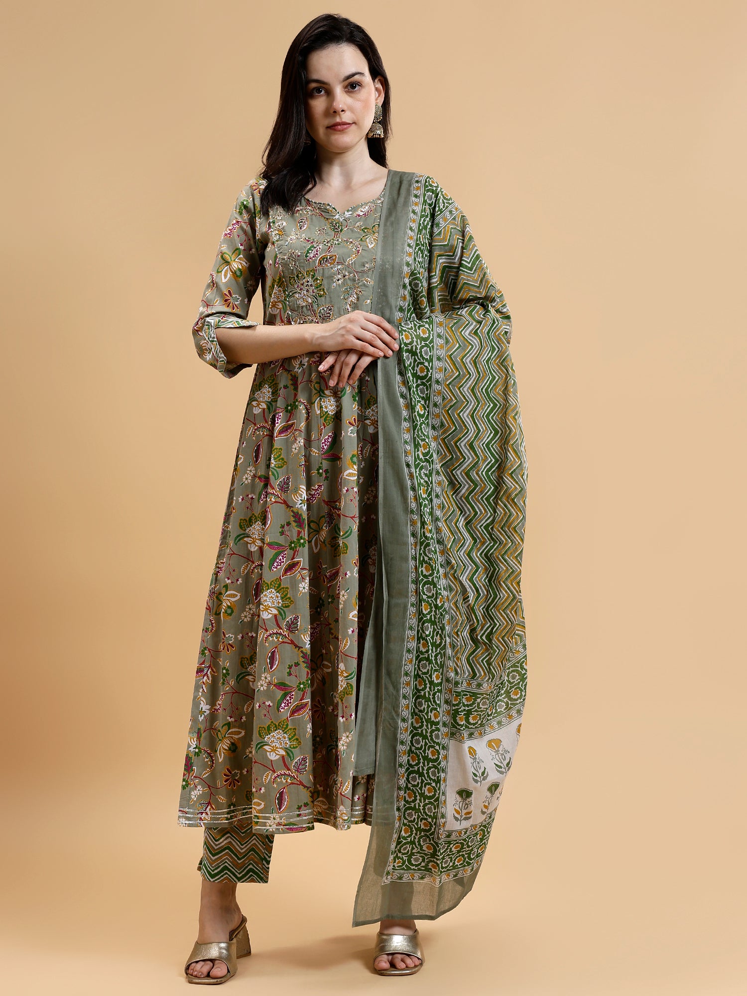 Floral Embroidered Sequined Anarkali Liva Kurta with Trousers & Dupatta - Five Miles