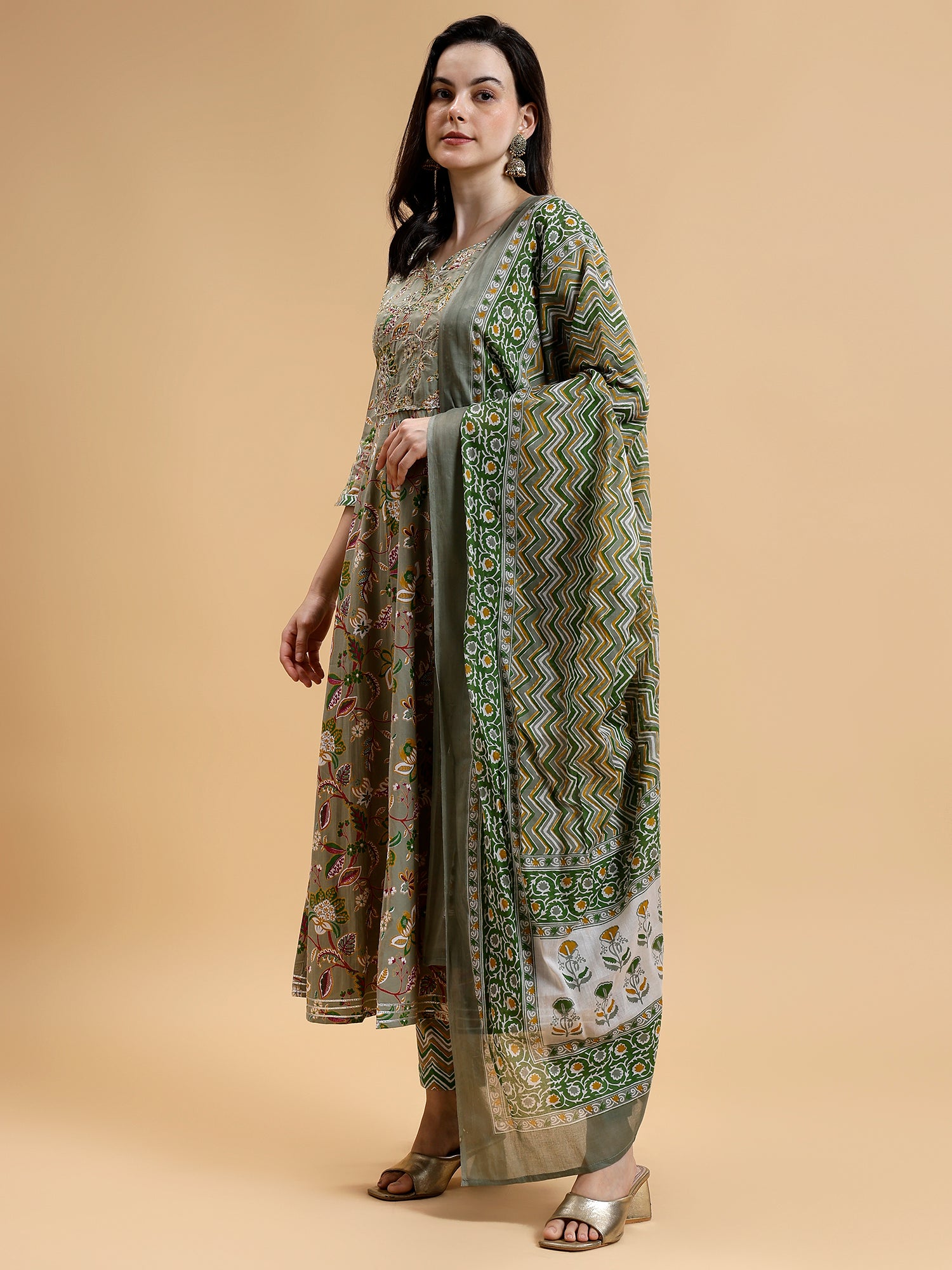 Floral Embroidered Sequined Anarkali Liva Kurta with Trousers & Dupatta - Five Miles