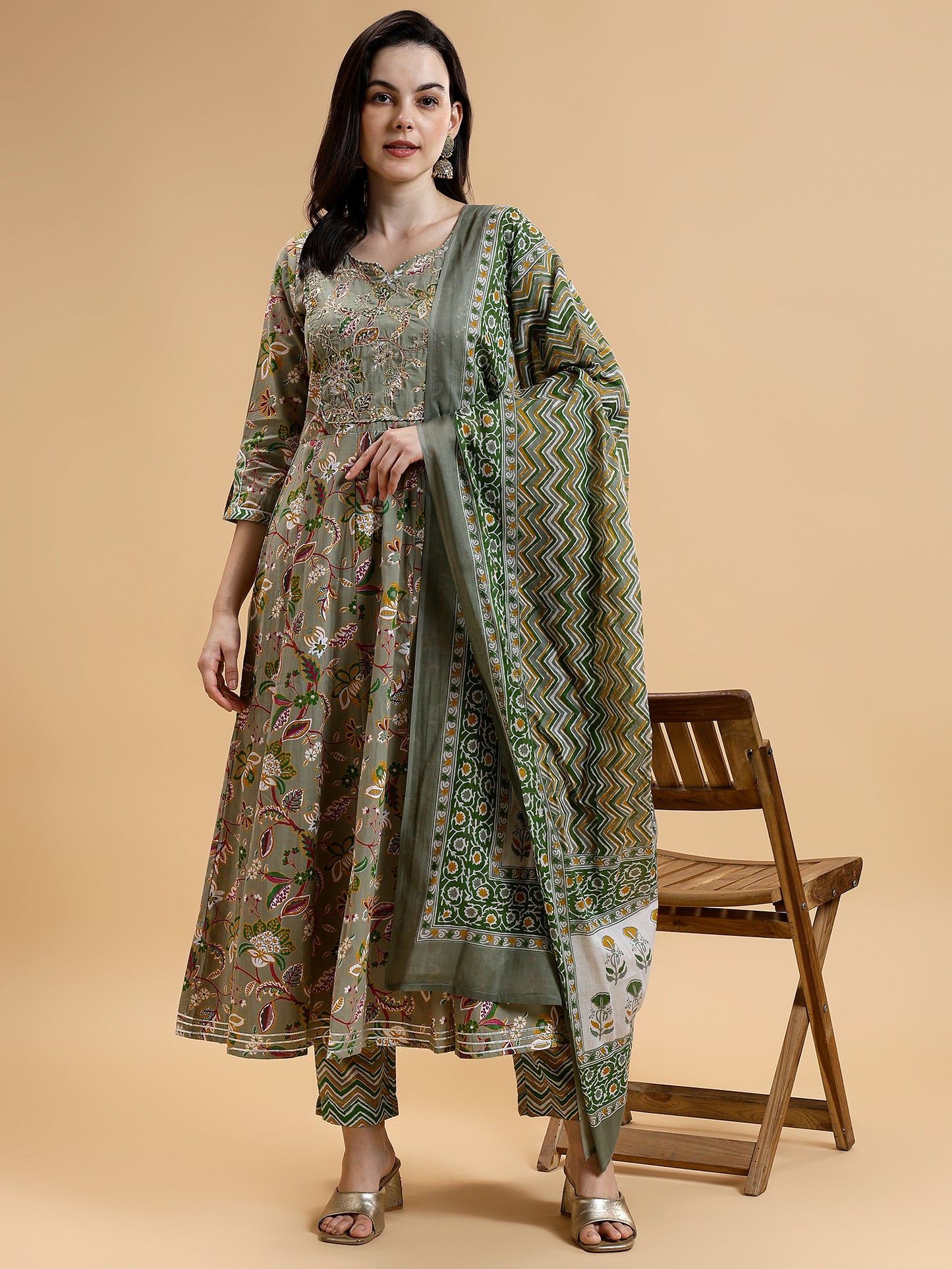 Floral Embroidered Sequined Anarkali Liva Kurta with Trousers & Dupatta - Five Miles